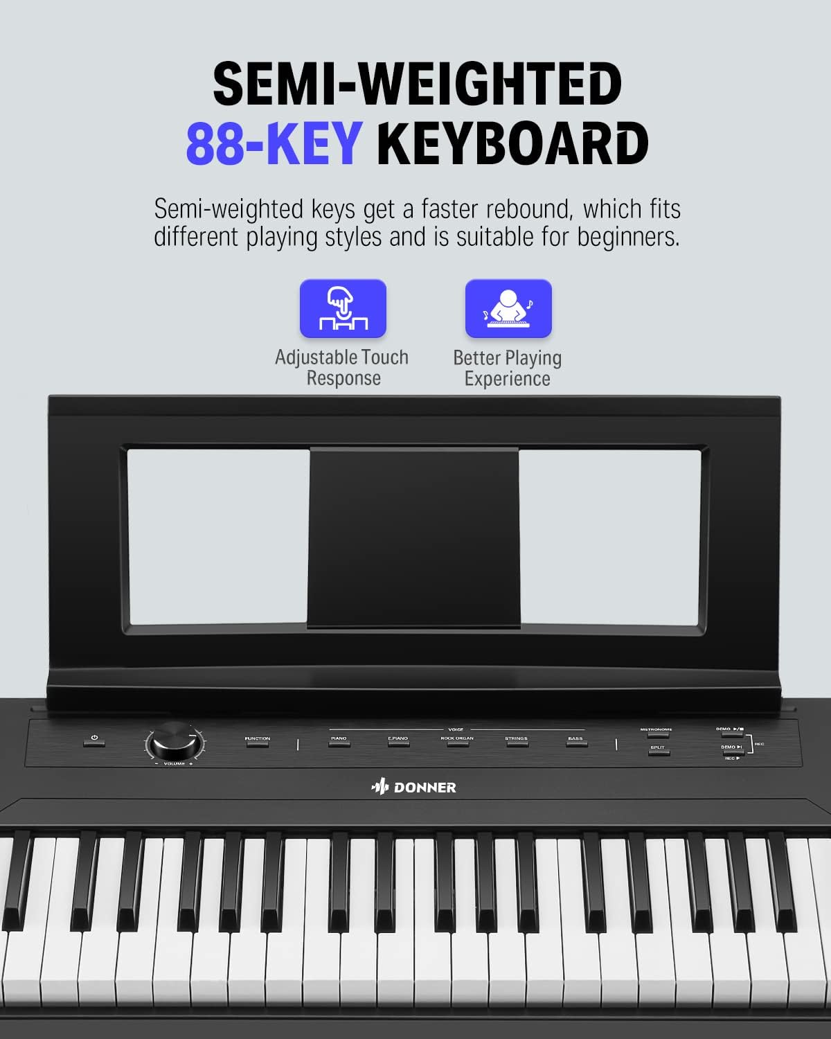 Digital Piano Ultrathin Donner DEP-45, Beginner Electric Piano Keyboard with 88 semi-weighted Keys, Full Size Portable Electronic Keyboard Piano with Stand, Sustain Pedal, Power Supply