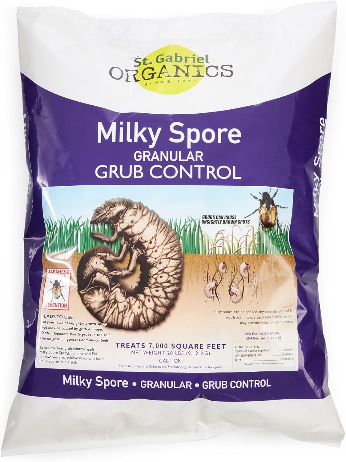 ST. Gabriel Organics - Milky Spore Granular Natural Bacteria Japanese Beetle Grub Killer Lawn and Garden Care Control, 20 Pound Pack