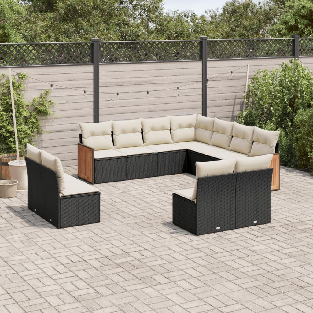 11 Piece Garden Sofa Set with Cushions in Black and Cream White, Modular Outdoor Furniture for Patio, Durable UV-Resistant Polyethylene Rattan and Powder-Coated Steel Frame