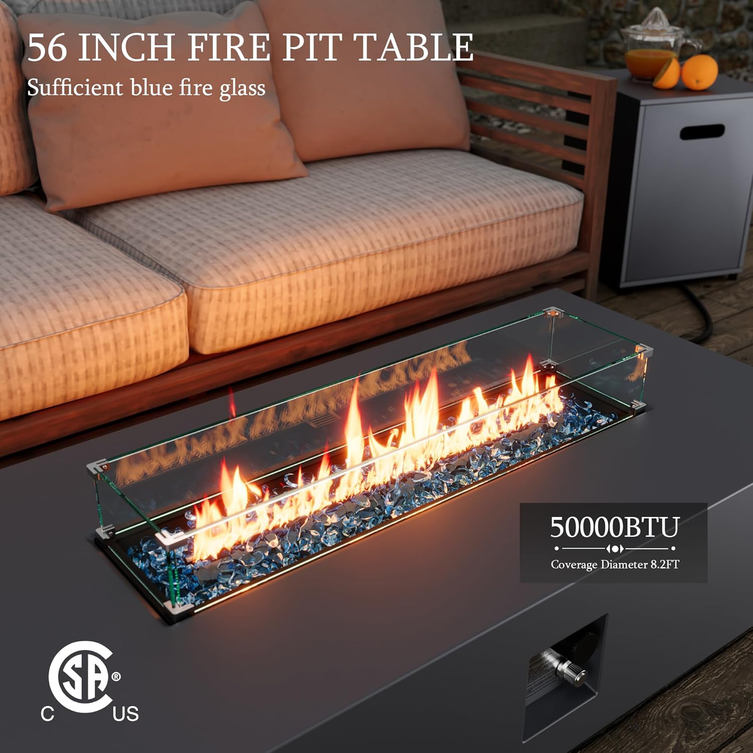 UPHA 56-inch Outdoor Propane Gas Fire Pit Table 50000 BTU Iron Rectangle Firepit for Outside Patio with Tank Hidden Table, Wind Guard, Removable Lid, Blue Glass Rocks, Rain Cover, Grey
