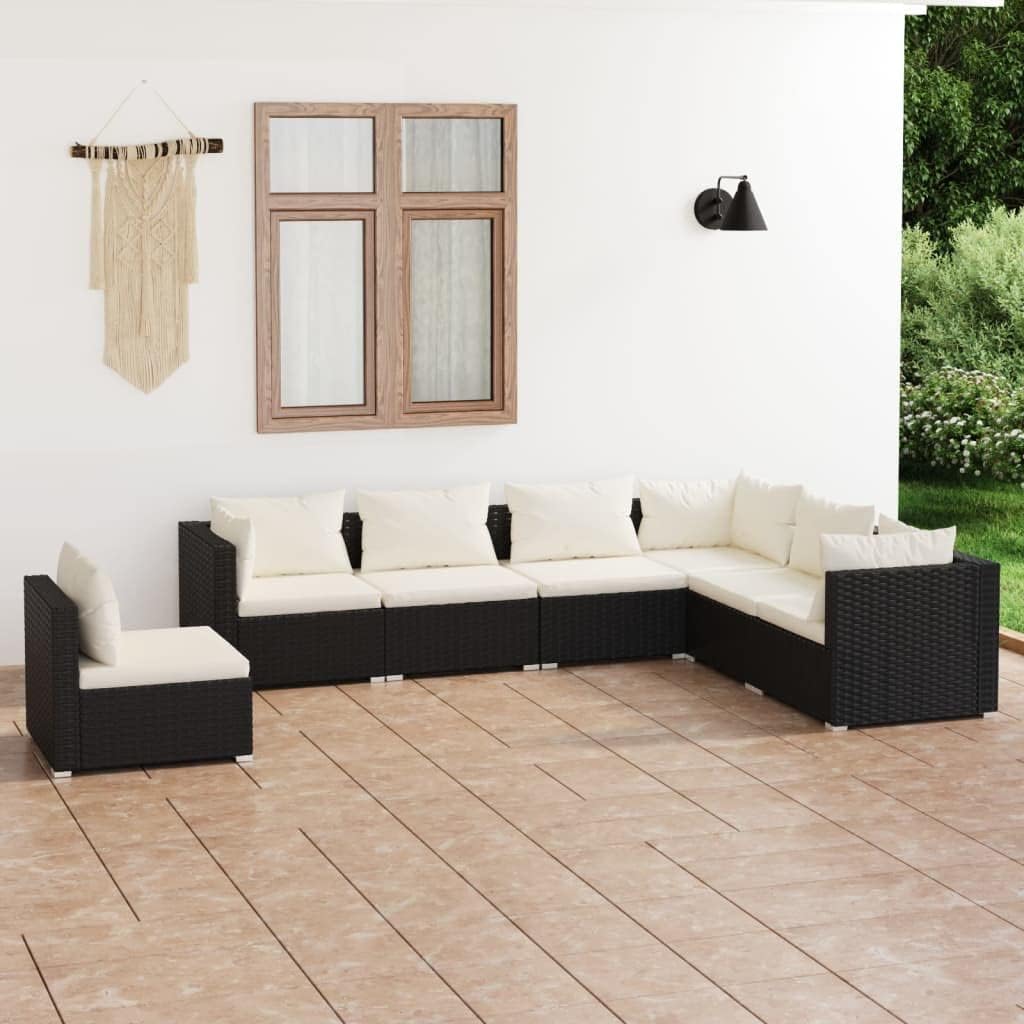 7 Piece Patio Lounge Set with Cushions Poly Rattan Black,Contemporary Patio Lounge Set: Modular Sofa for Indoor/Outdoor Comfort and Durability Patio Furniture Sets, Outdoor Furniture Sets