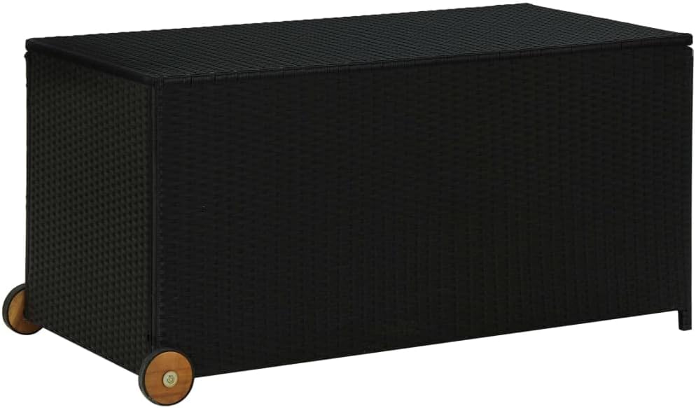 Garden Storage Box 85 Gallon | Rattan Garden Chest | Outdoor Deck Storage Container Box | Patio Cushion Box for Pillows, Garden Tools and Pool Toys | Black Poly Rattan 47.2