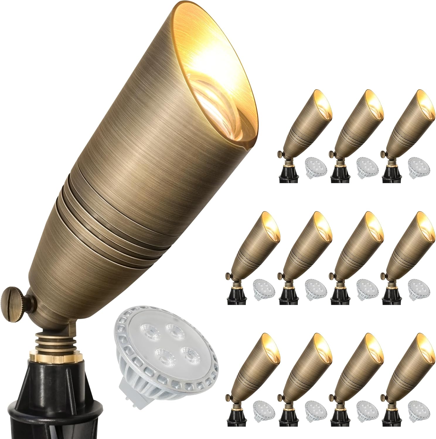 GKOLED Brass LED Outdoor Landscape Spotlights, 12V Low Voltage Spot Light, Waterproof Landscape Lights, Uplighting for Garden, Yard, Antique Bronze Accent Lighting Fixture with MR16 Bulb, 12 Pack