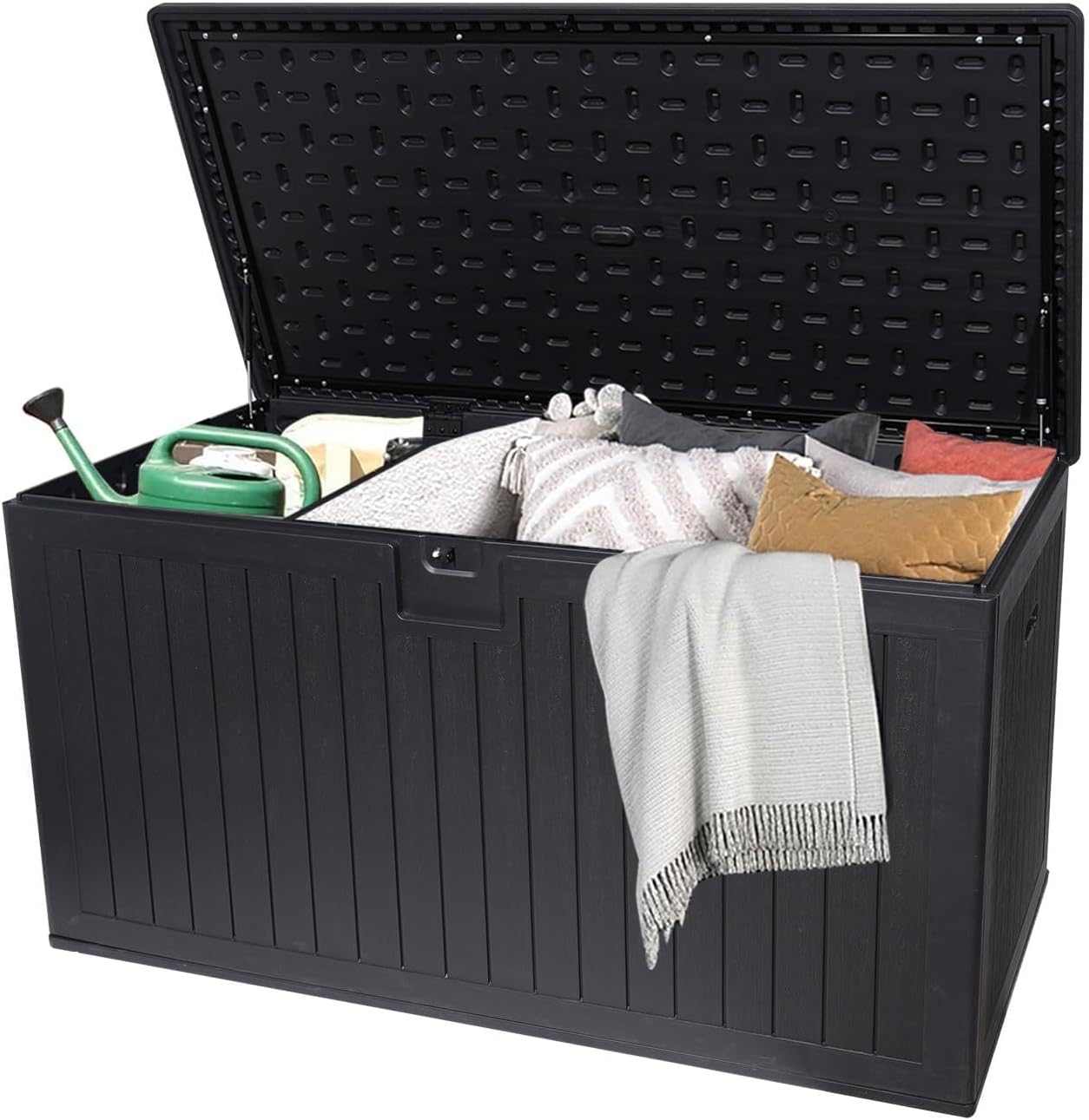 260 Gallon Resin Outdoor Deck Box with Lockable Lid, Waterproof Patio Storage Container for Furniture Cushions, Pool Toys, Garden Tools - Includes 6 Free Feet for Elevated Protection