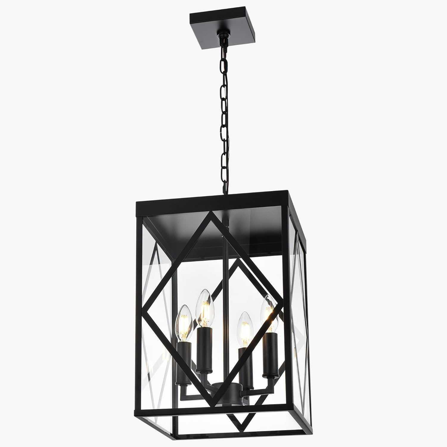 4-Light Outdoor Pendant Light Fixtures Large 15.7'' Black Outdoor Chandelier Metal Cage Exterior Hanging Porch Light w/Glass Shade, Outdoor Pendant Lantern Lamp for Front Porch Balcony Foyer