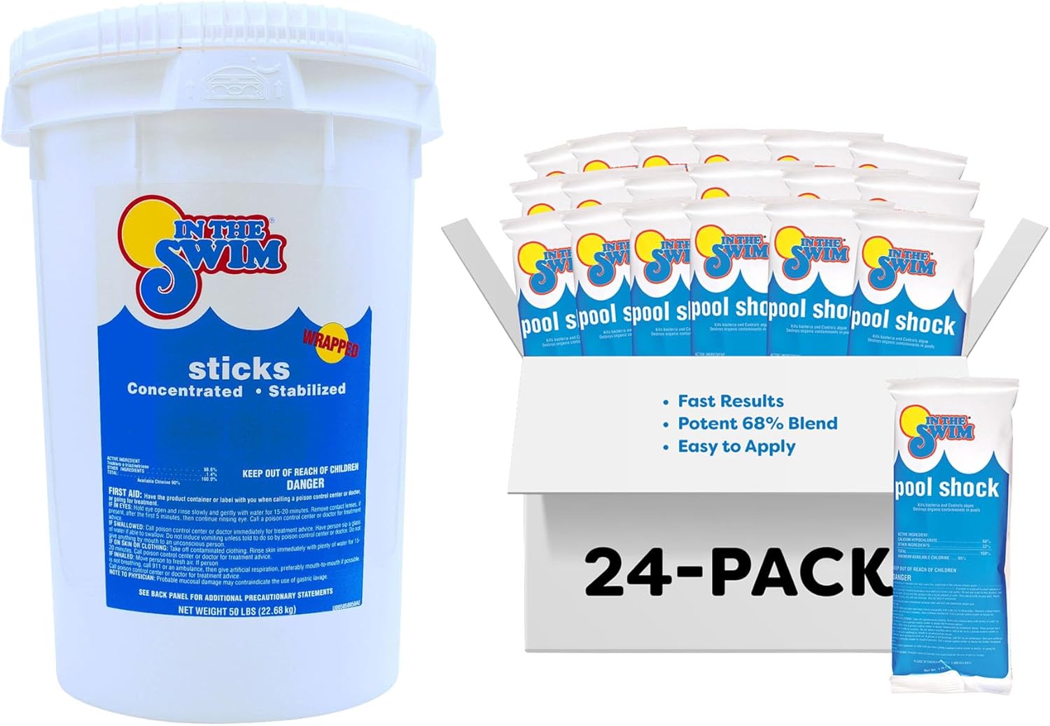 In The Swim Chlorine and Shock Bundle for Sanitizing Swimming Pools – Includes 50 Pound Bucket of 4-Inch Chlorine Sticks and 24 x 1 Pound Bags of 68% Cal-Hypo Pool Shock