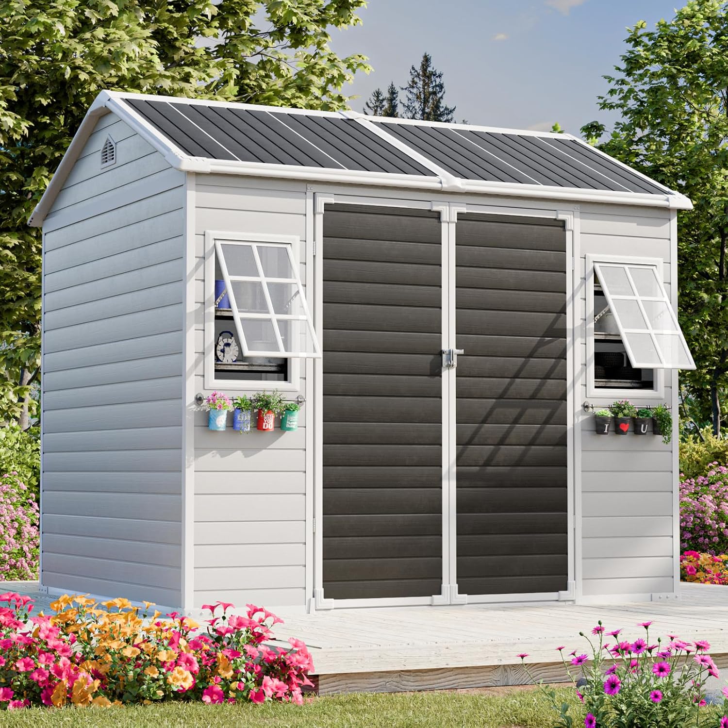 8x6x7 FT Resin Storage Shed, Waterproof Outdoor Storage Shed w/Floor, 2 Adjustable Openable Windows, Double Lockable Doors & Vents, Tool Shed for Patio Garden, Lawn, Backyard, Gray