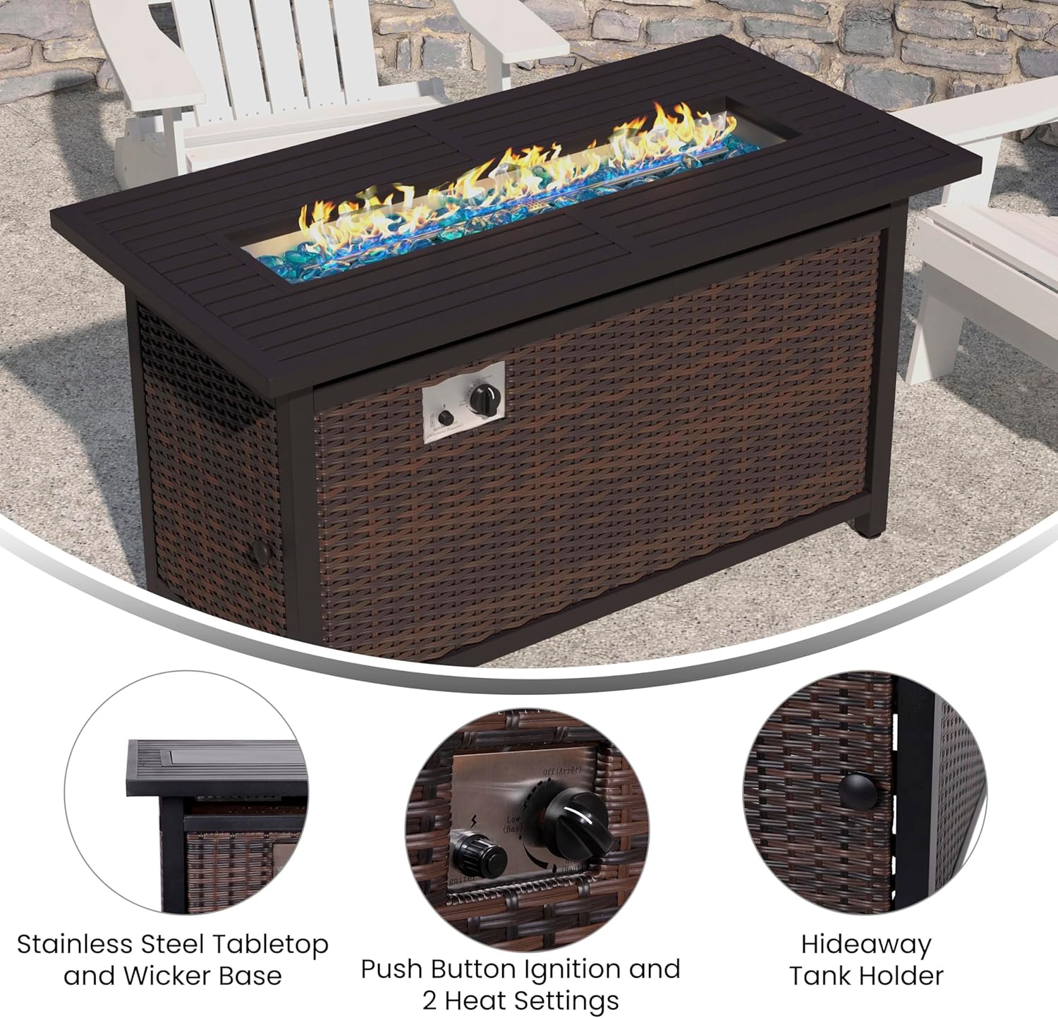 BizChair 50,000 BTU Outdoor Propane Fire Pit Table - Black Stainless Steel Tabletop and Espresso Wicker Base - 45