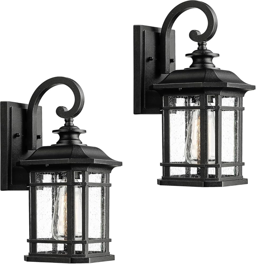 Emliviar Outdoor Wall Lanterns 2 Pack, 1-Light Exterior Wall Mount Light, Black Finish with Clear Seedy Glass, 2084B-2BK