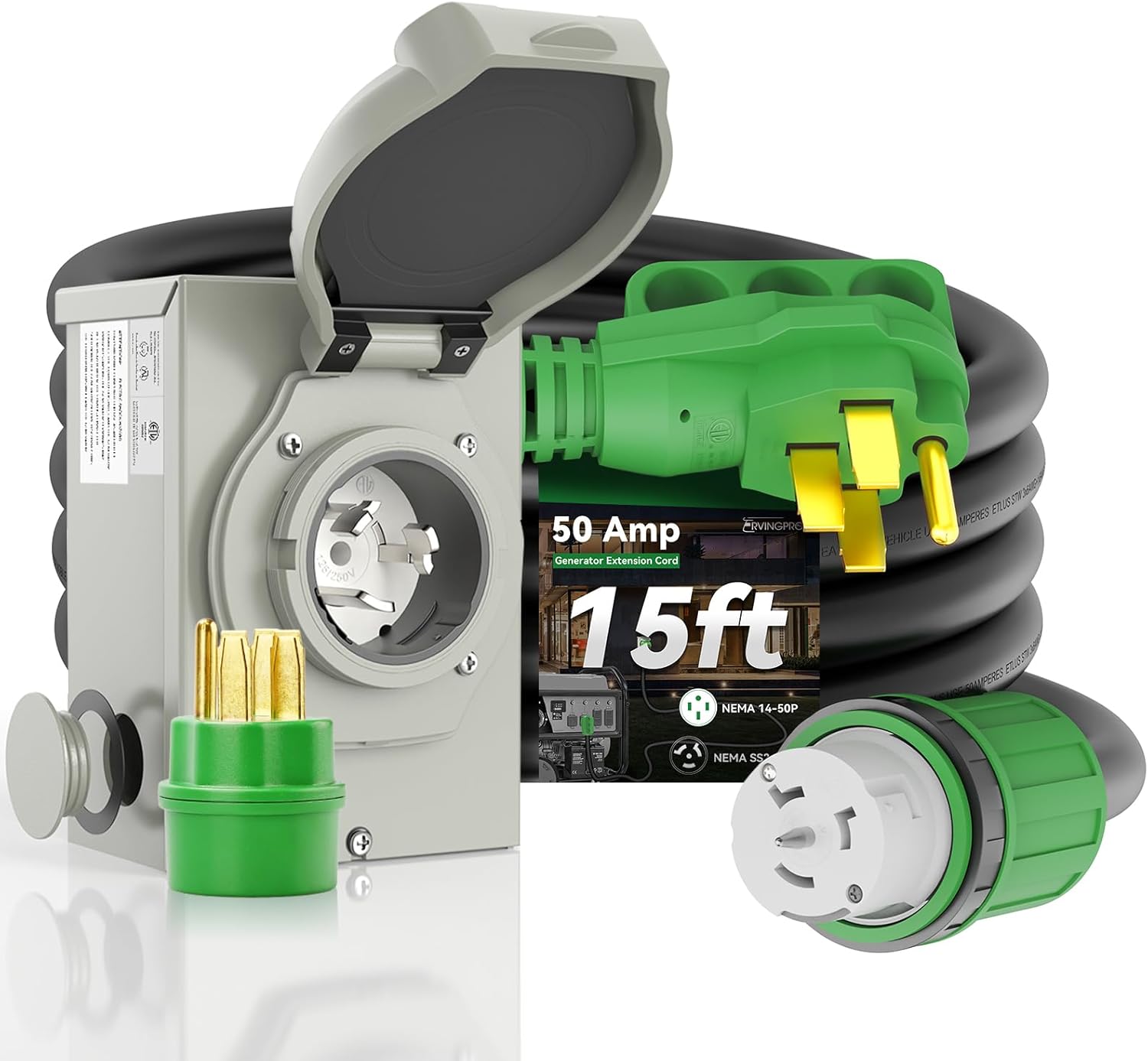 50 Amp Generator Cord 15FT and Power Inlet Box, Pre-Drilled 50 Amp Generator Inlet Box with Cord, NEMA 14-50P to SS2-50R Generator Cord Waterproof Combo Kit, ETL Listed
