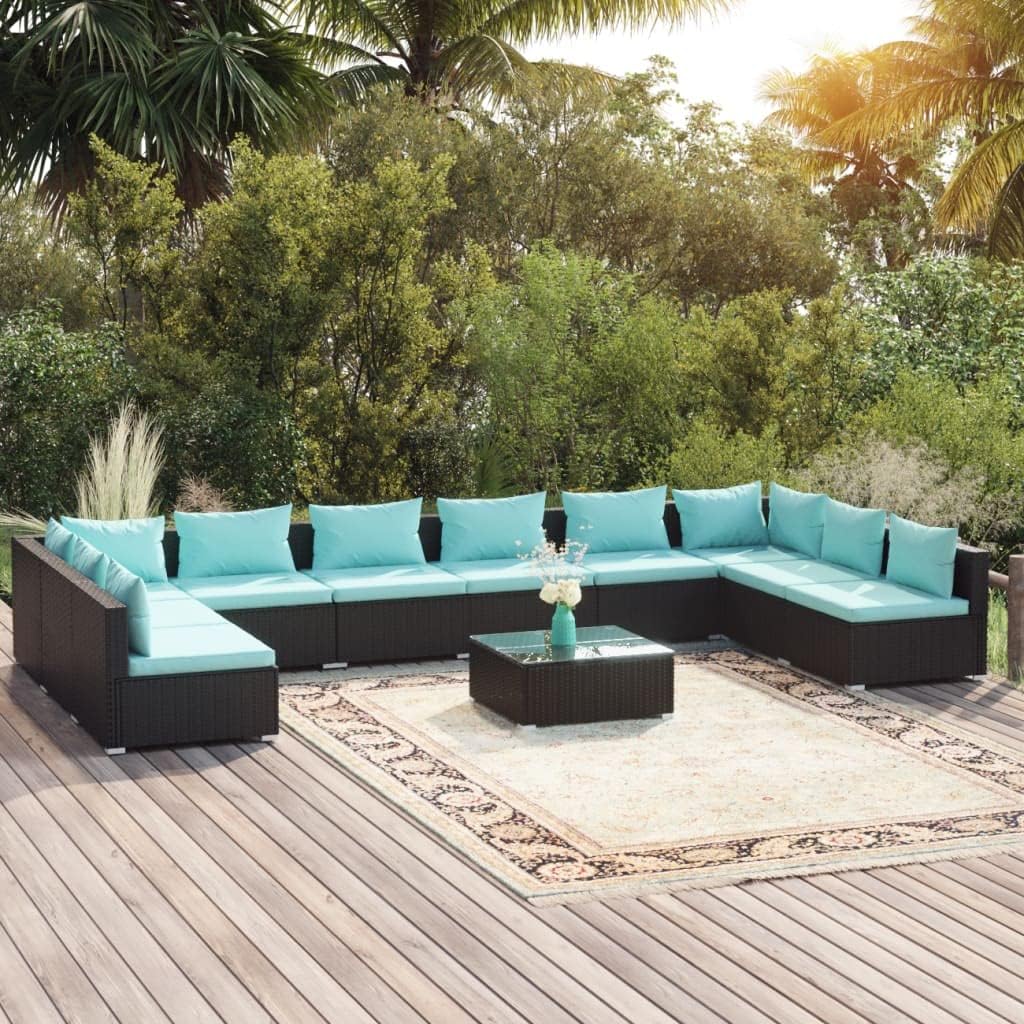 11 Piece Patio Lounge Set with Cushions Poly Rattan Black,Outdoor Patio Lounge Set with Comfortable Cushions: Modular Rattan Furniture for Relaxation Patio Furniture Sets, Outdoor Furniture Sets