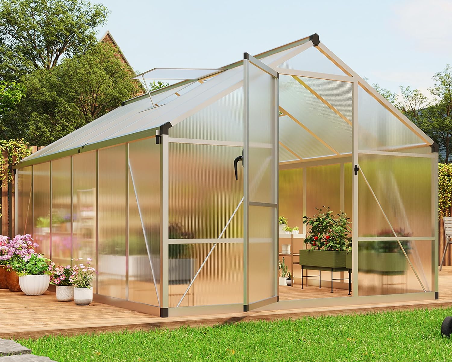8x12 ft Outdoor Polycarbonate Greenhouse, Durable Aluminum Frame with Lockable Door, Adjustable Roof Vent, Ideal for Backyard, Patio, or Garden, All-Weather Green Houses for Outside Plant Growing