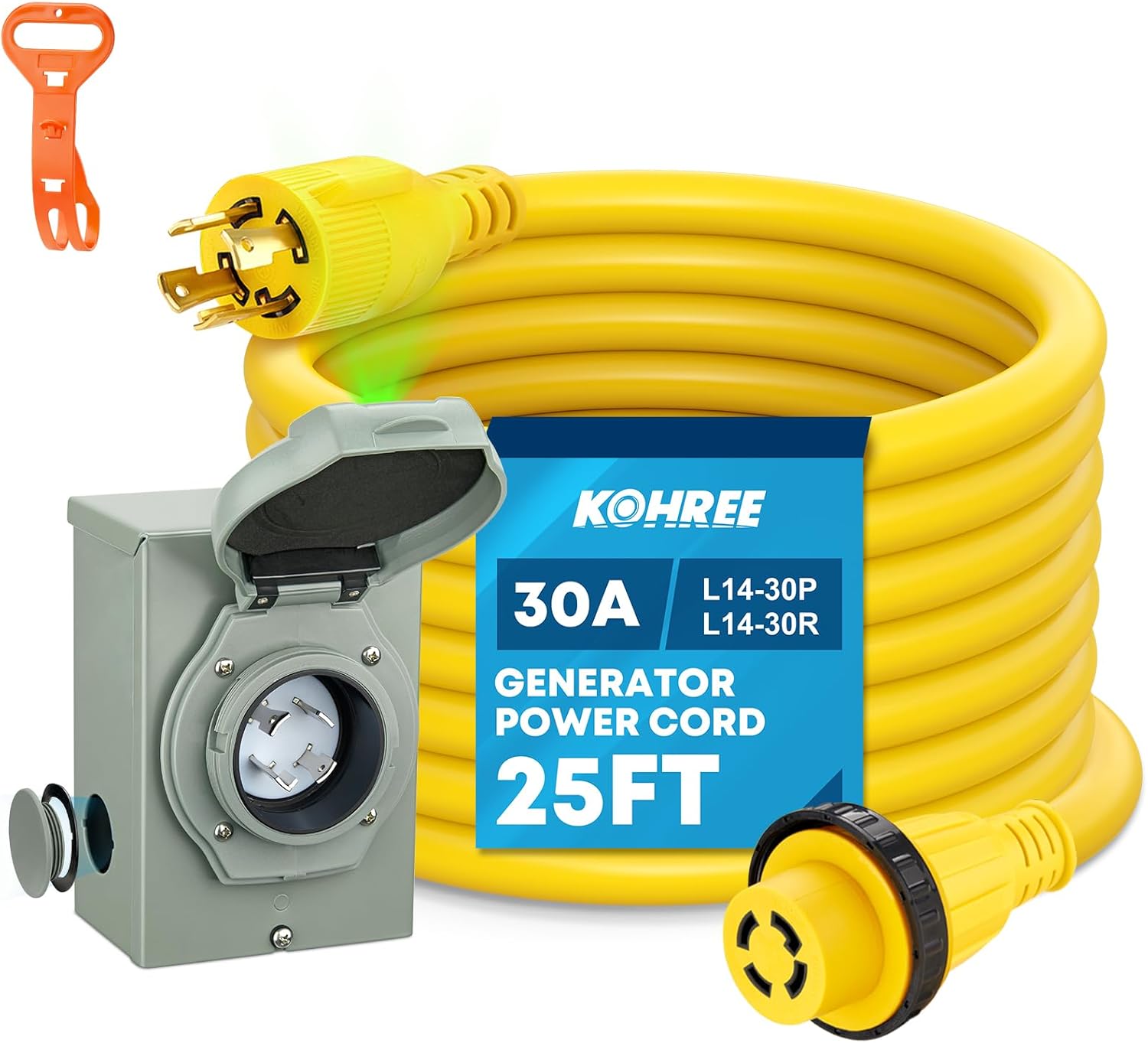 Kohree 25 Feet 30 Amp Generator Cord and Power Inlet Box Kit, 4 Prong NEMA L14-30P to L14-30R Generator Extension Cord, 30Amp Pre-Drilled Inlet Box with Cord Waterproof Combo Kit, 125/250V, ETL Listed