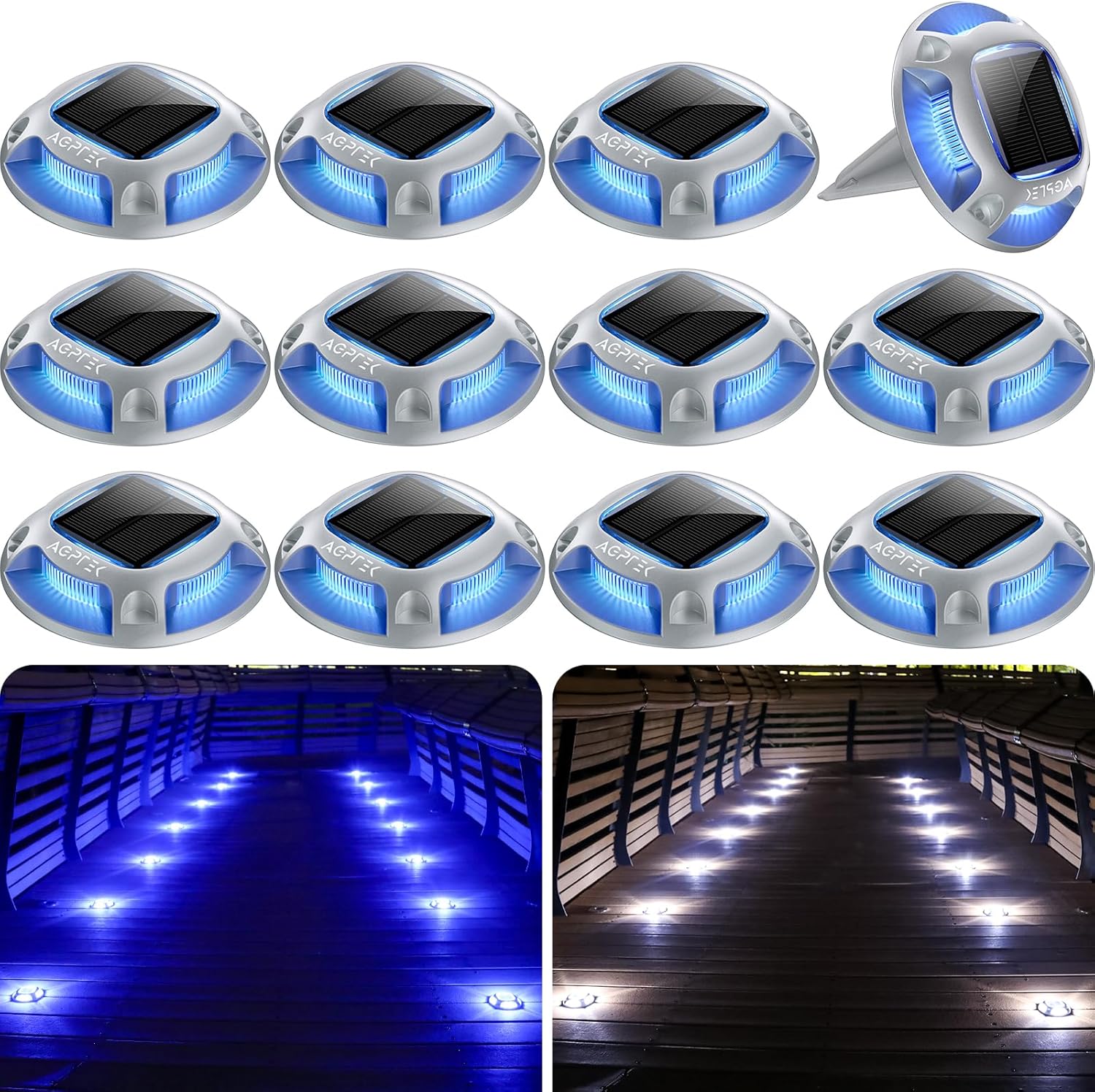 AGPTEK Solar Driveway Lights 12 Pack, 2 Colors in 1 Outdoor Solar Deck Dock Marine Waterproof LED Driveway Marker Security Lights for Outside Pathway,Boat Dock,Step,Walkway,Path,Garden (Blue & White)
