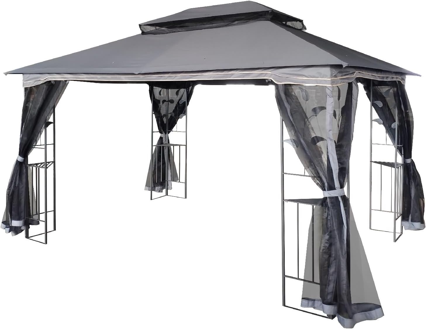 1 Pcs Outdoor Canopy XL, Metal Pergola Gray Metal with Ventilated Double Roof and Mosquito Net 13x10Ft