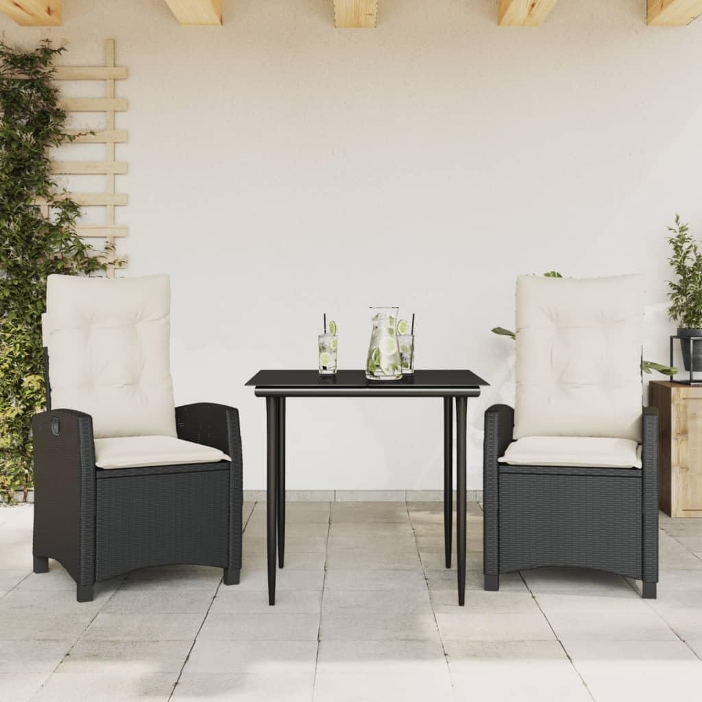 3 Piece Patio Dining Set with Cushions Black Poly Rattan Garden Furniture