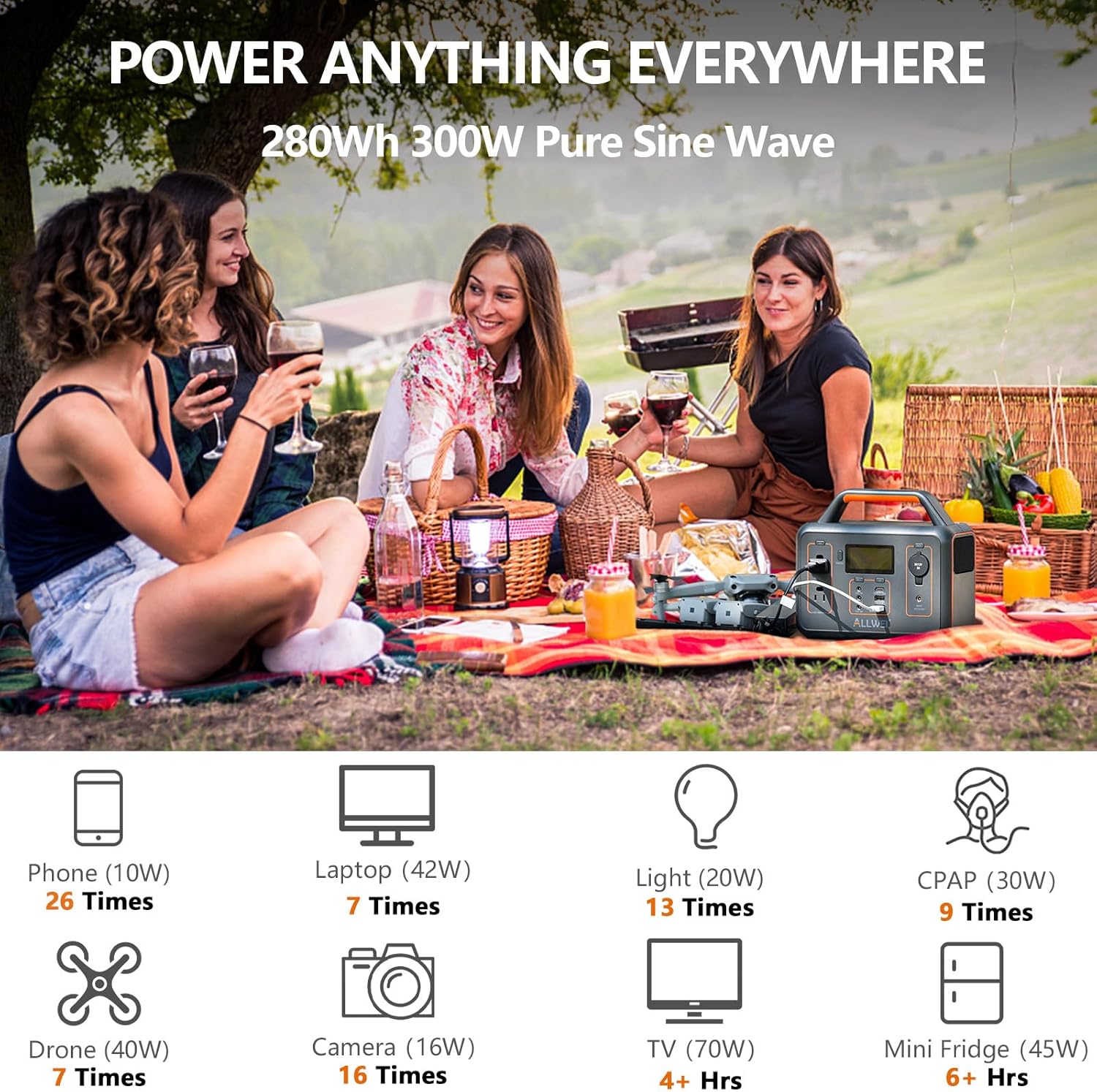 ALLWEI 300W Solar Generator with 100W Solar Panel Included, 280Wh Portable Power Station with AC Outlet USB Port, Solar Powered Battery Generator for Outdoor Camping, Home Backup, Power Outage