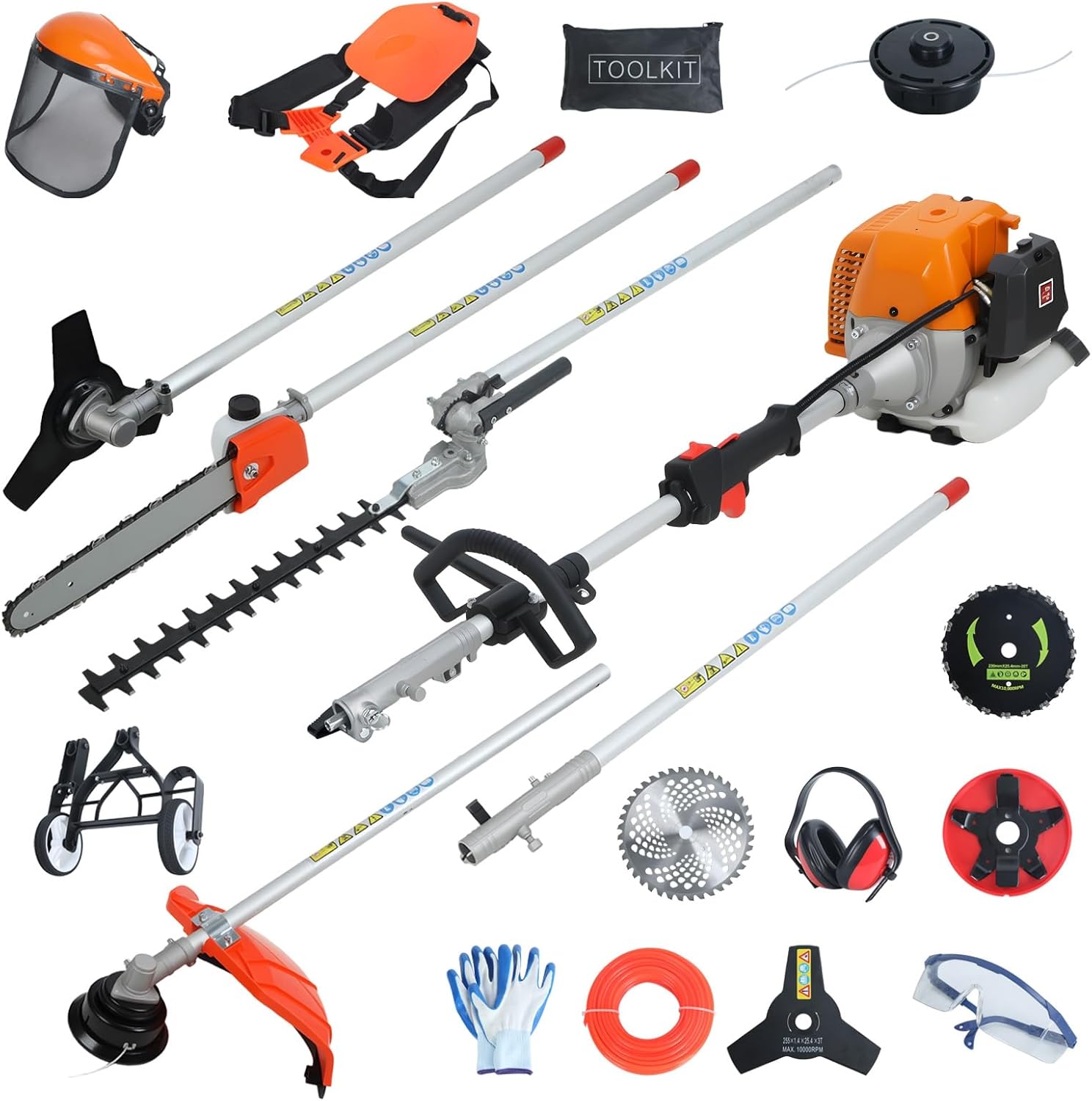 52cc 8-In-1Multi‑Function Trimming Tool, Gas Hedge Trimmer, Powerful String Trimmer, Brush Cutter, Pole Saw Chainsaw, Edger with Extension Pole, Weed Eater Powered Pruner Tool Orange