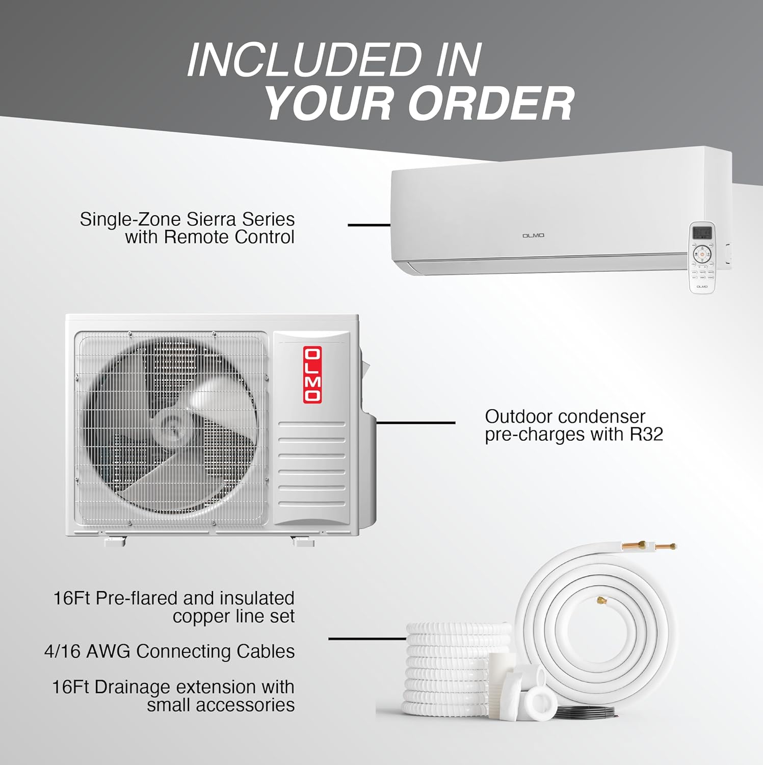 OLMO 36,000 BTU Ductless Mini Split Air Conditioner & Heat Pump – Includes 16FT Installation Kit – 20 SEER2 – 230V – Pre-Charged with R-32 – Heating & Cooling Inverter System
