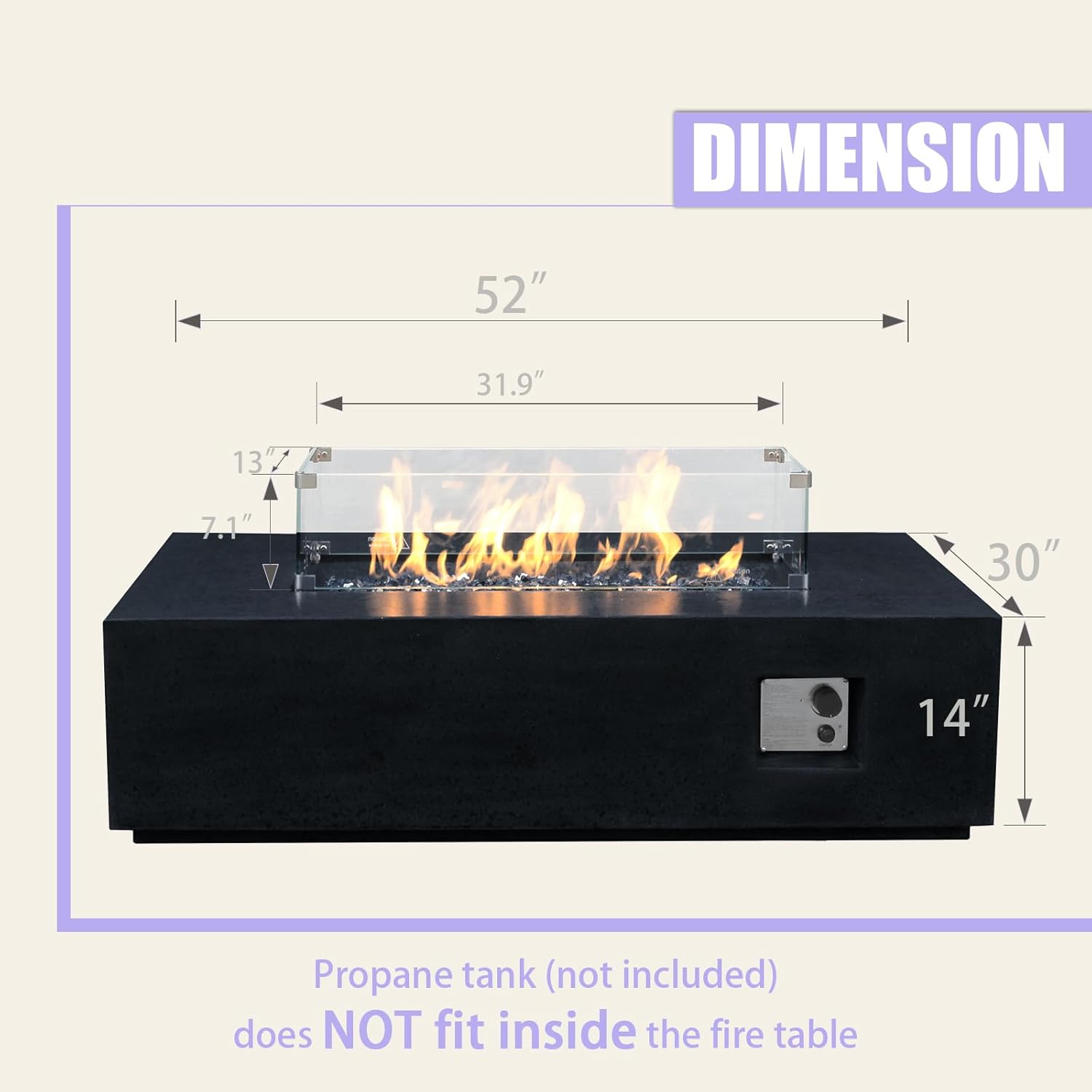 EXPLUX Outdoor Propane Gas Fire Pit Table 65,000 BTU 52-inch Concrete(GFRC) Rectangle Fire Pit for Outside Patio with 304 Stainless Steel Burner,Wind Guard,Crystal Blue Fire Glass,Rain Cover,Black