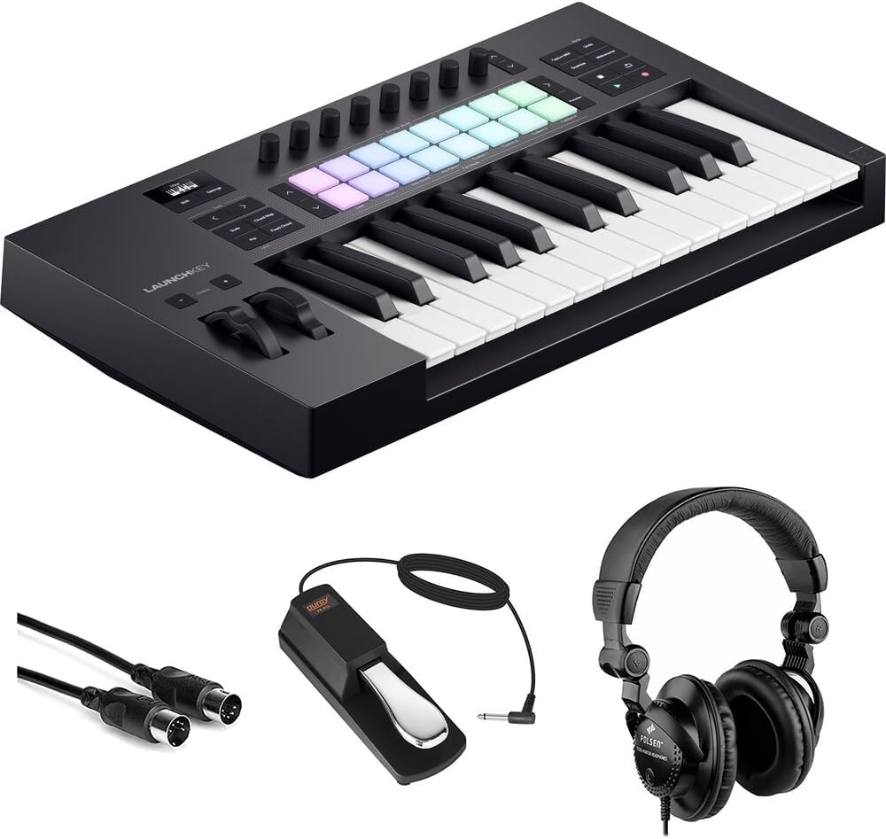 Novation Launchkey 25 MK4 USB MIDI Keyboard Controller (25 Keys) Bundle with HPC-A30 Closed-Back Studio Monitor Headphones, FP-P1L Universal Piano-Style Sustain Pedal and Mid-310 Black 10' Midi cable