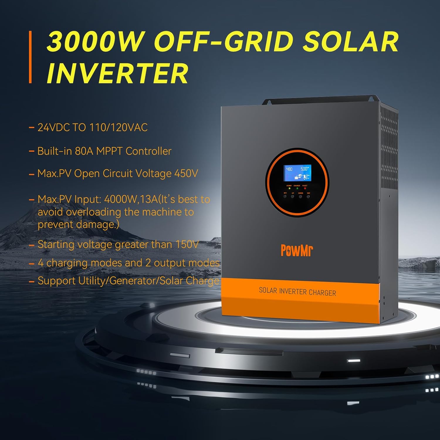 PowMr Solar Inverter 3000W 24V to 110/120V AC, Off Grid Pure Sine Wave Power Inverter Max.PV Input 4000W 450V 13A, Built-in 80A MPPT Controller, Peak Power 6000VA, for 24V Lead-Acid & Lithium Battery