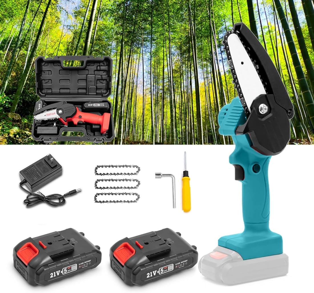 Mini Chainsaw Cordless 4-Inch with 21V Strong Power 2 Batteries and Charger, Portable Handheld Battery Chainsaw, Small One-Handed for Gardening Pruning, Tree Trimming (Color : Blue)