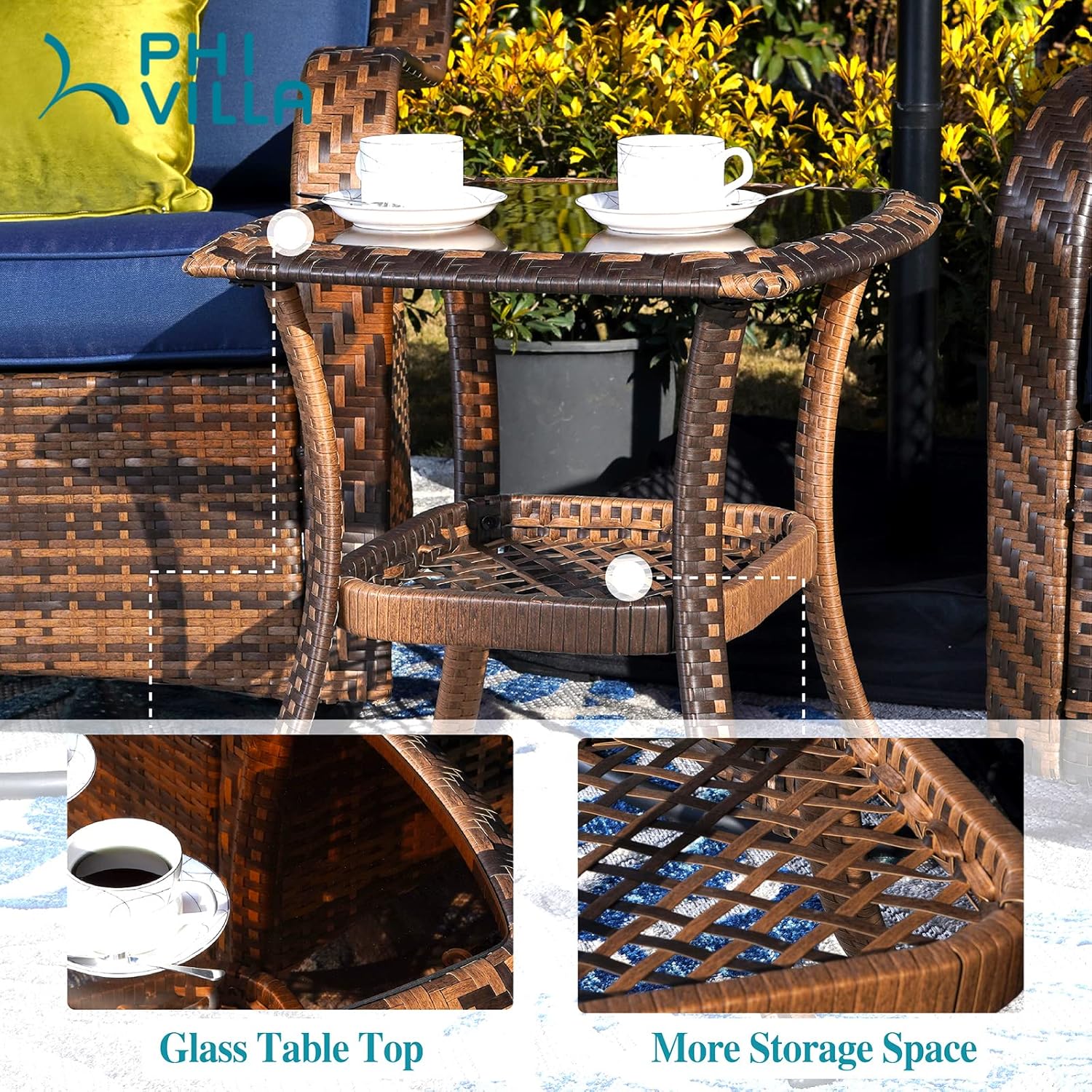 PHI VILLA 4 Piece Outdoor Swivel Rocker Chairs Patio Furniture Set with Gas Fire Pit Table Square, Wicker Patio Conversation Fire Pit Table Set for Garden, Deck, Porch, Backyard (Navy Blue)