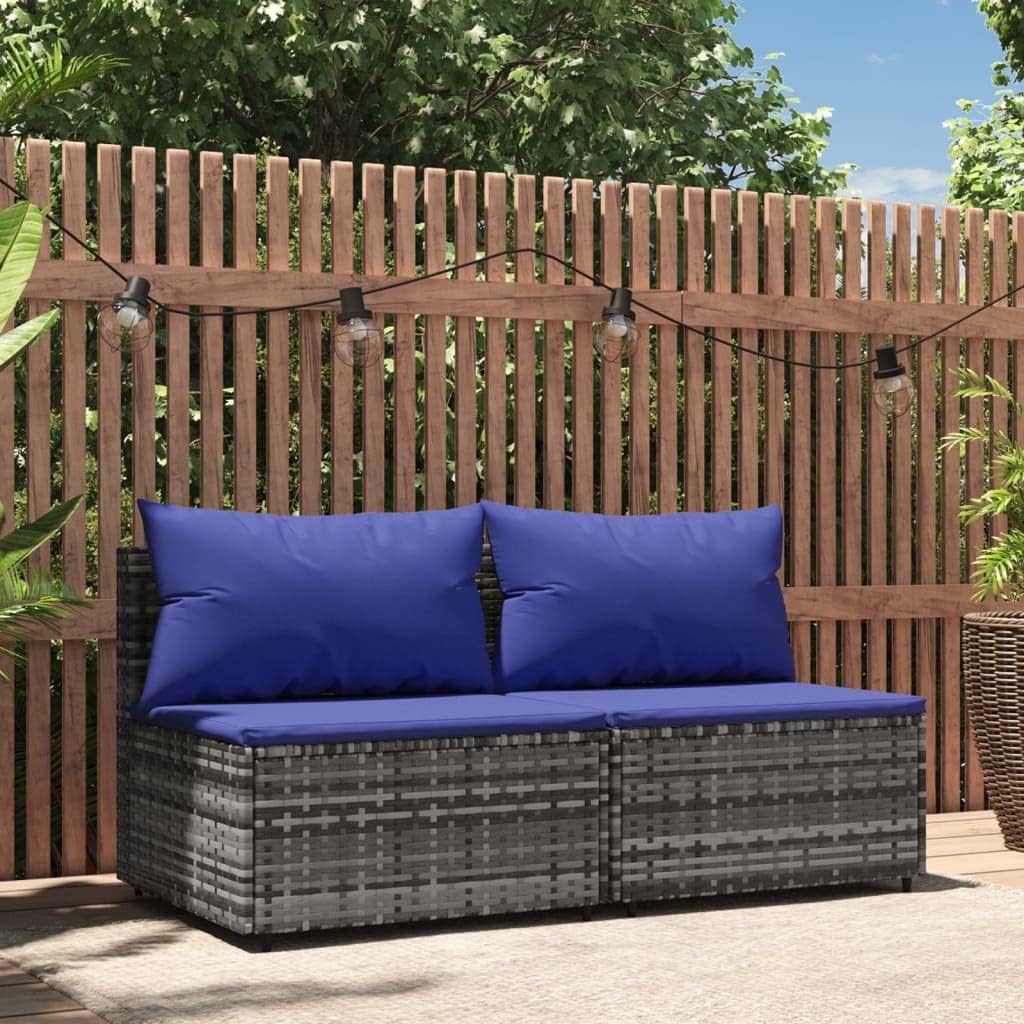 Patio Furniture, Patio Middle Sofas with Cushions 2 pcs Gray Poly Rattan