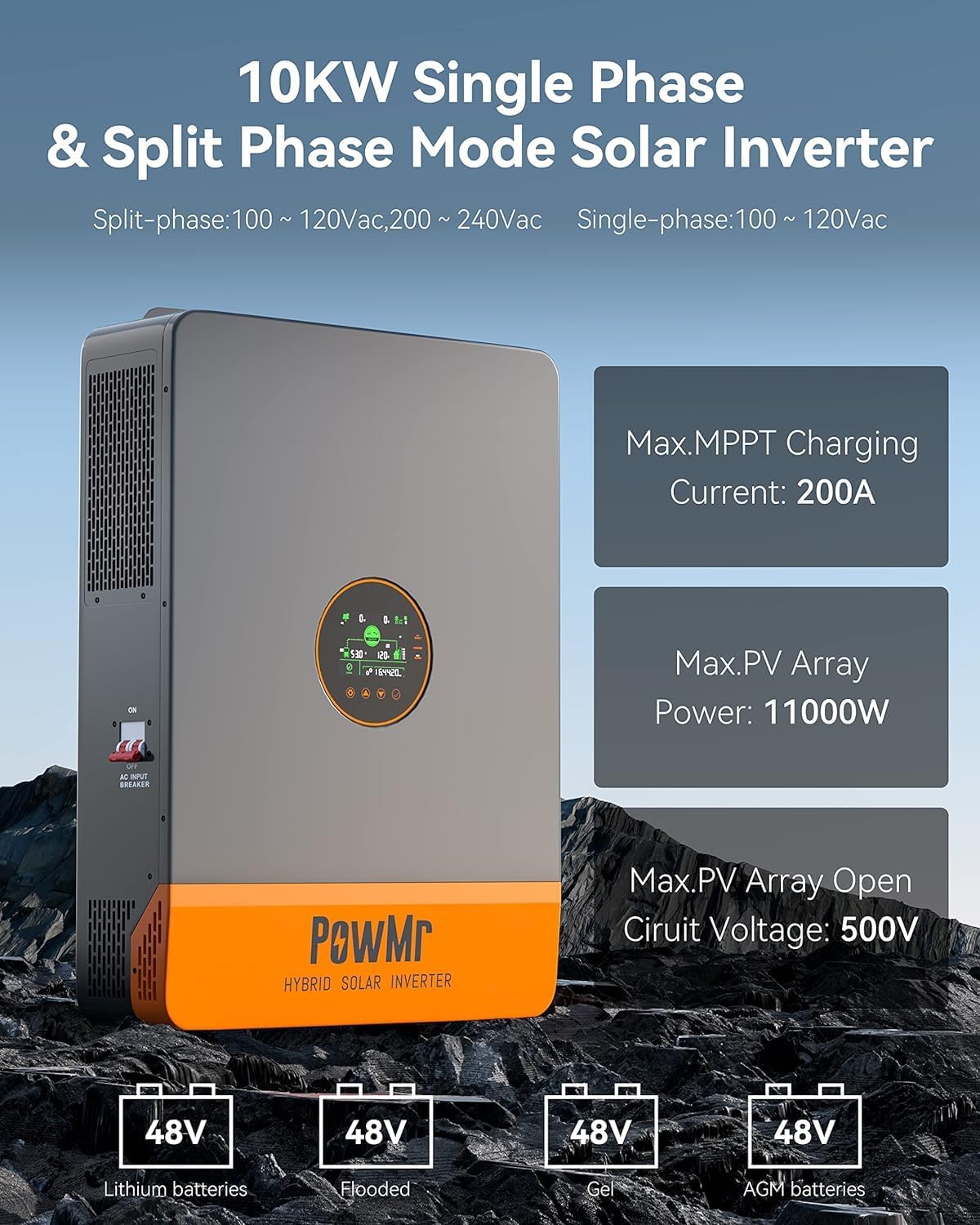 PowMr 10000W Split Phase 48V DC to 100V AC~240V AC Solar Inverter,UL1741 10KW Pure Sine Wave Hybrid Inverter with 200Amp MPPT Charge Controller, Work with 48V Lead Acid and Lithium Battery