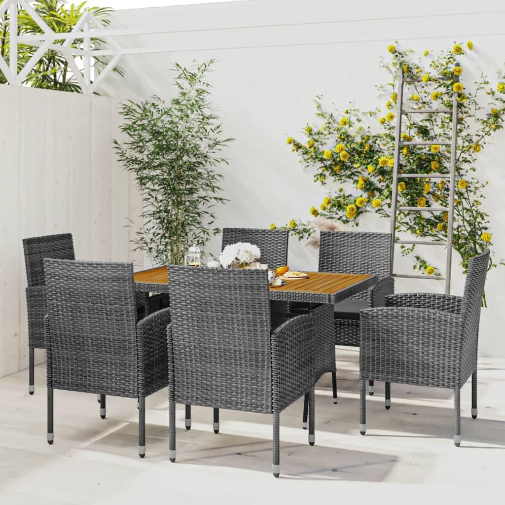 7-Piece Outdoor Dining Set, Grey PE Rattan, Steel Frame, Solid Acacia Wood Tabletop, Compact Patio Furniture Set for Garden, Balcony, 6 Person Capacity
