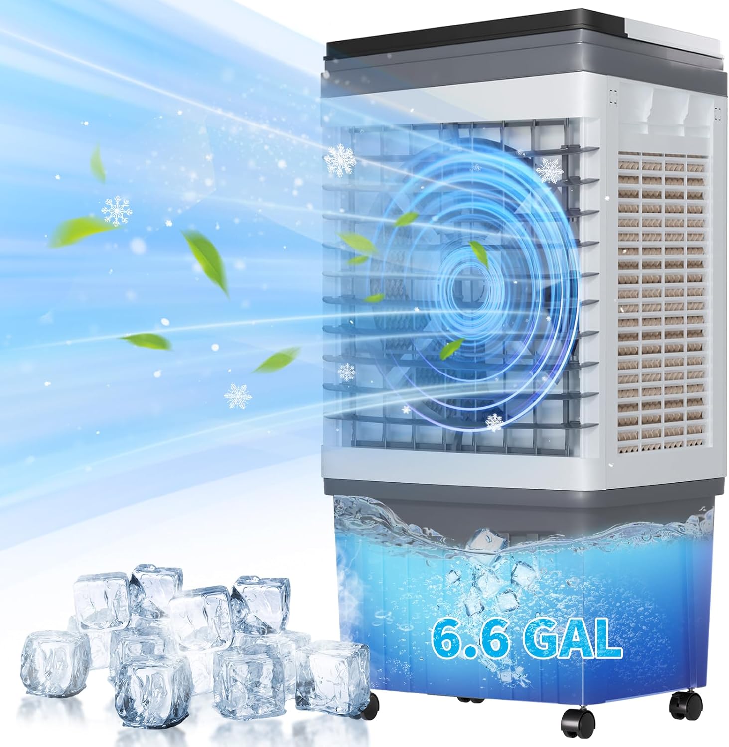 110V Evaporative Air Cooler with 6.6 Gal Water Tank, 3 IN 1 Portable Air Conditioners with Remote, Portable Air Cooler with Water Level Alarm, 3 Speeds, 7.5H Timer, Ideal for Indoor, Outdoor