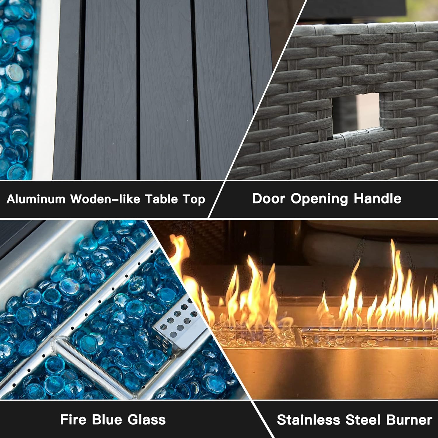 Domi 43’’ Wicker Patio Propane Gas Fire Pit Table 50,000 BTU CSA Certified Fire Table with Aluminium Wooden-Like Tabletop, Glass Wind Guard, Waterproof Cover Patio Backyard Garden Outdoor Indoor