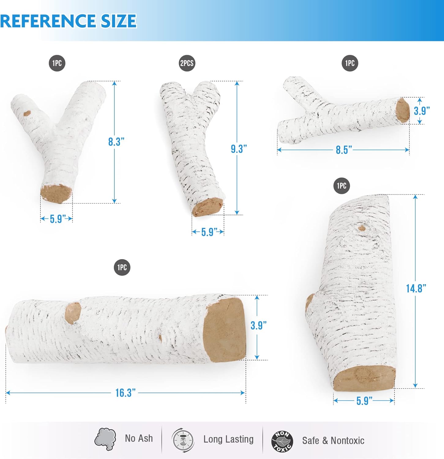 MAISON ARTS 6 Piece Ceramic Wood Gas Fireplace Logs White Birch Decorative Logs for All Types of Indoor & Outdoor Firepits