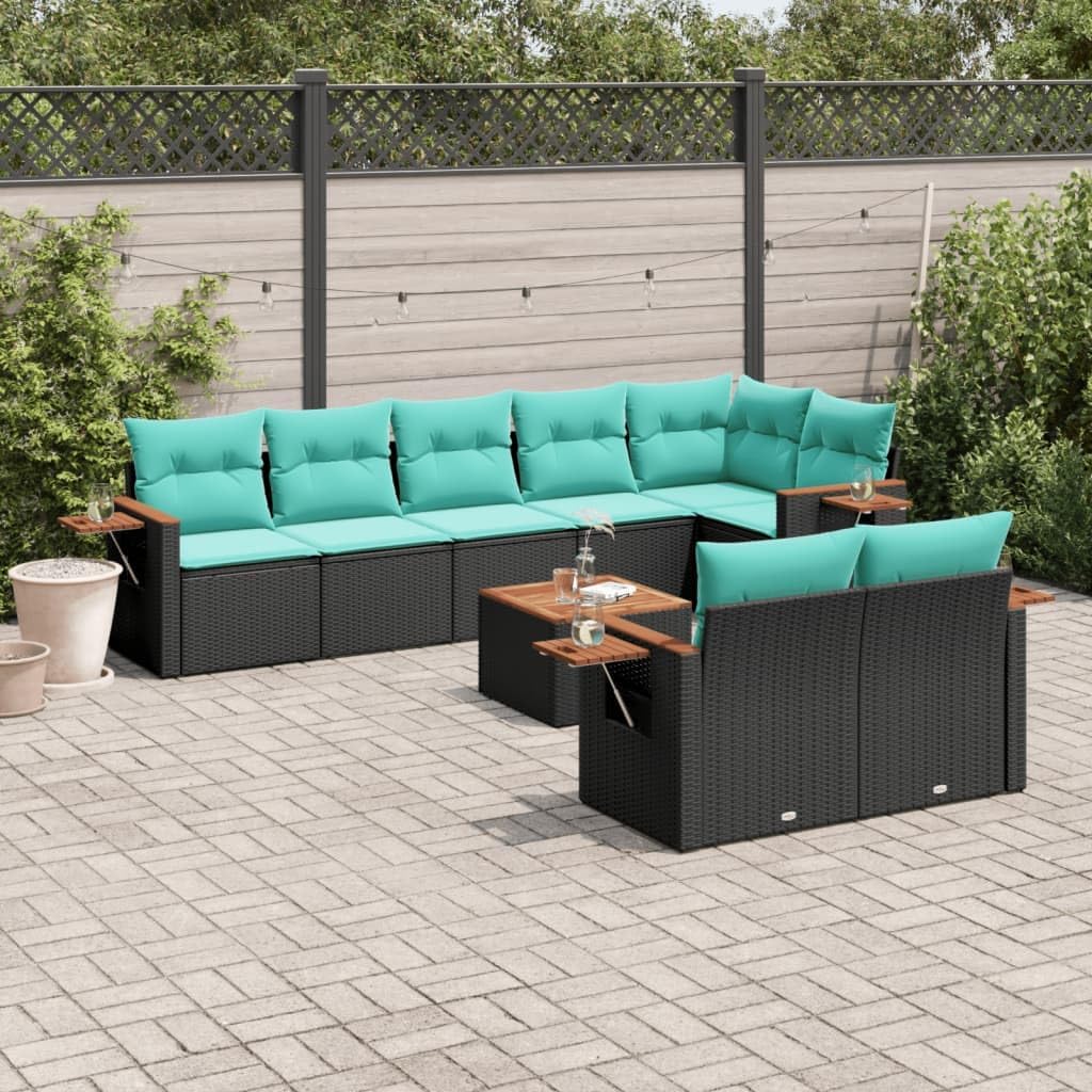 9 Piece Patio Sofa Set, Black Poly Rattan Outdoor Sectional Furniture with Storage, Cushions, Foldable Side Table, UV-Proof for Garden, Backyard, Terrace