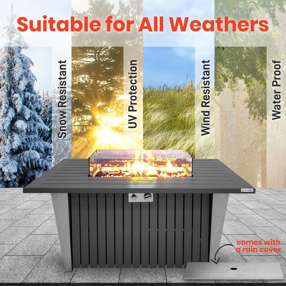 SereneLife Outdoor Propane Fire Pit Table - CSA/ETL Certified 50,000 BTU Pulse Ignition Weatherproof Rectangle Propane Gas Fire Table w/Adjustable Flame - Glass Rocks Wind Guard, Black SLFPSX55