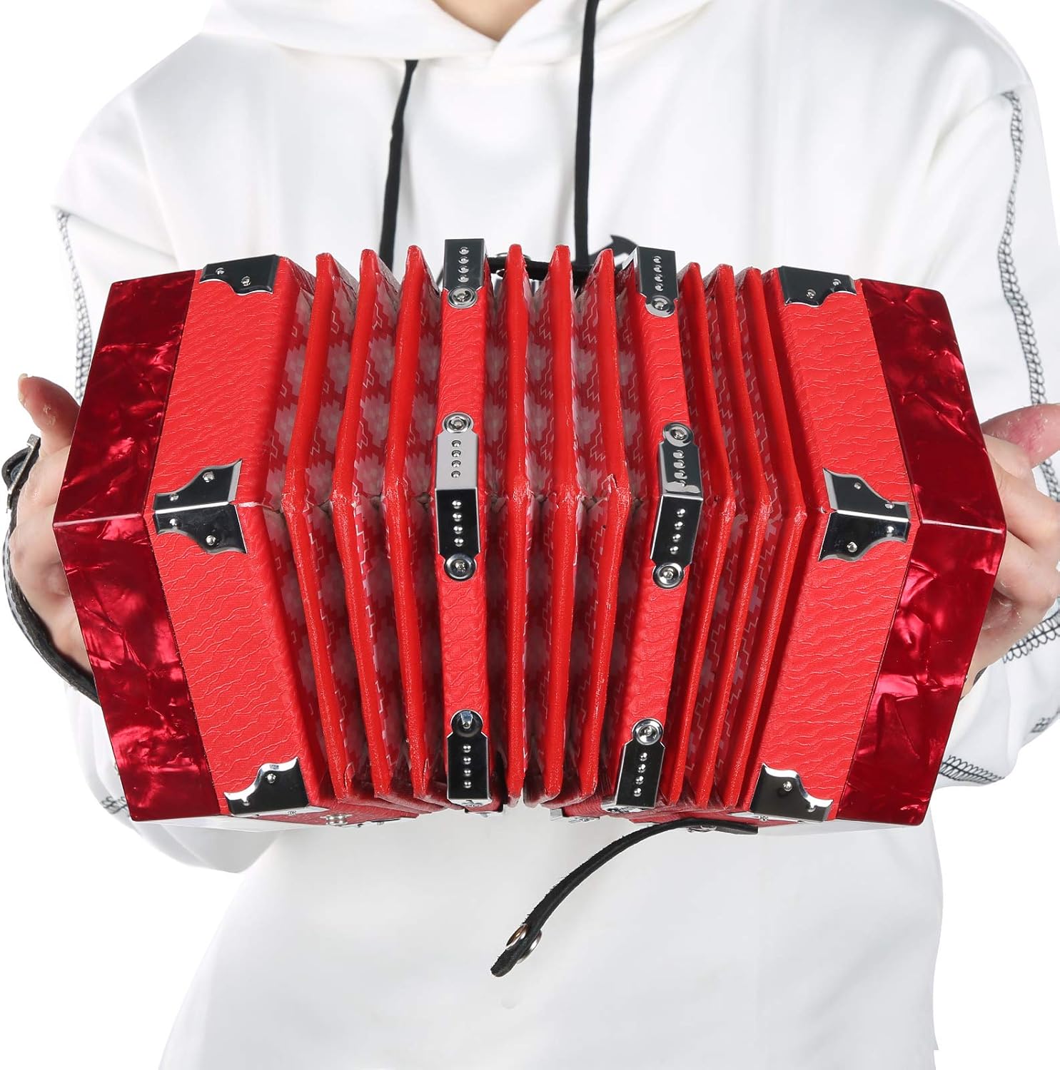 Concertina Accordion Portable Musical Instrument, Solid Wood, 3 Colors - Adjustable Hand Strap, Lightweight Design, Ideal for Beginners and Adults (Red)