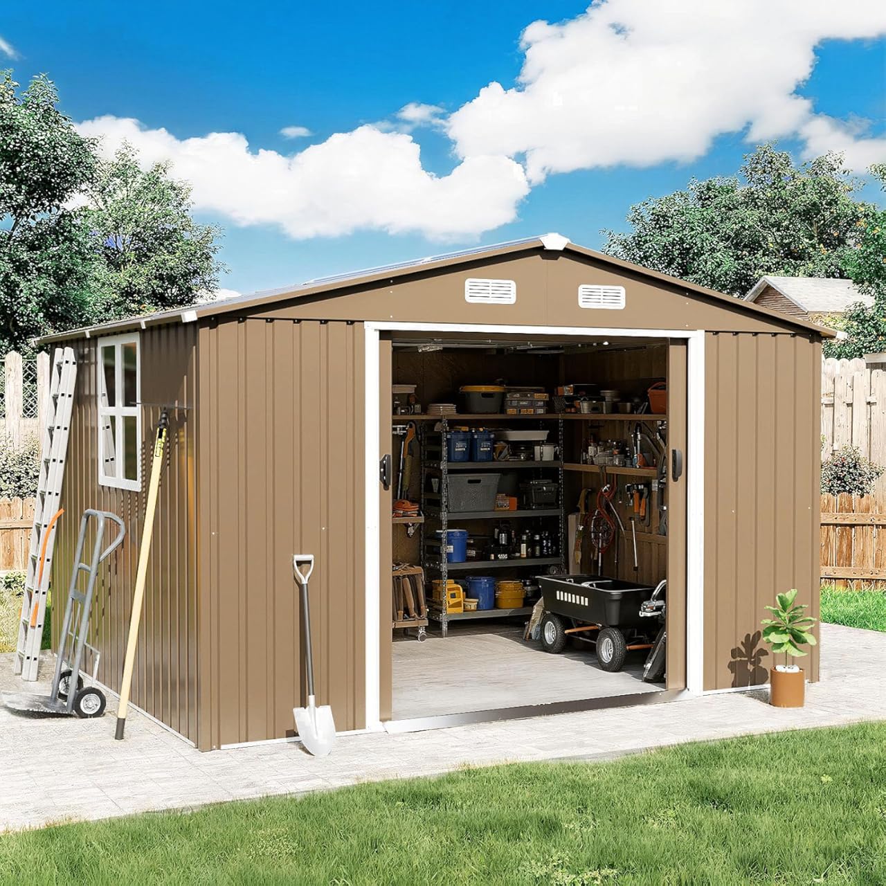 Gotland 10FT x 8FT Sheds & Outdoor Storage, Storage Shed with 1 Large Window Sloped Step, Metal Shed with 2 Lockable Slide Doors Air Vents, Outdoor Shed for Backyard Patio Lawn Brown