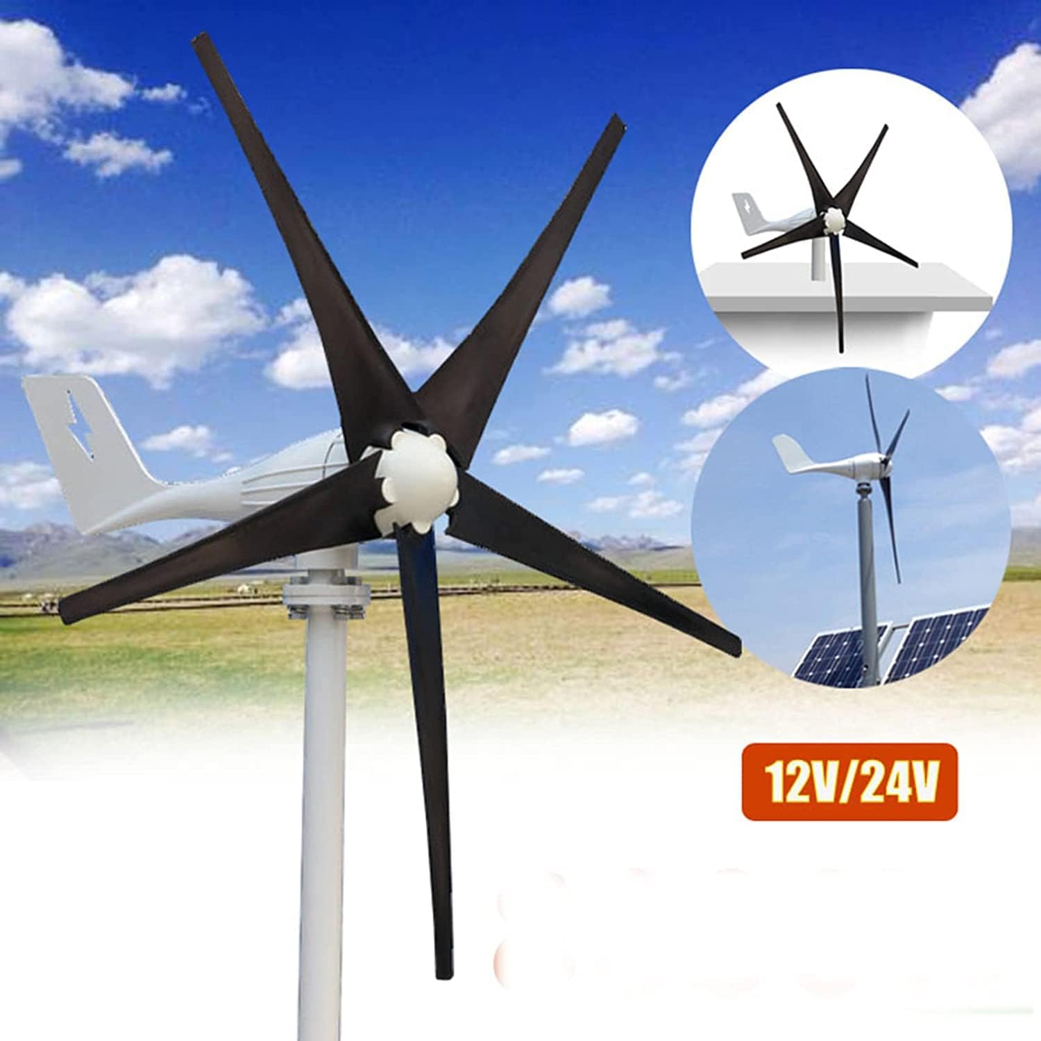 LiuSj JUnSt Wind Turbine Generator 5000W 12V 24V 48V 5 Blades Vertical Windmills Wind Turbine with Controller for Home Black,48v