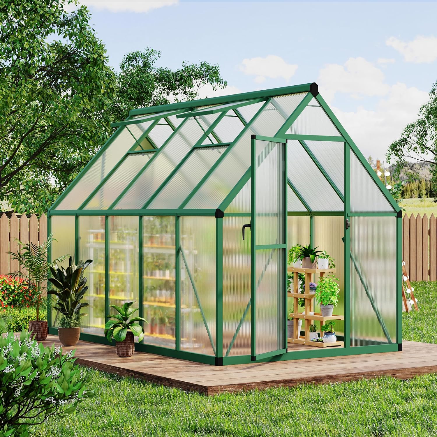 6x9 FT Outdoor Greenhouse, Polycarbonate Greenhouse with Roof Vent and Ground Nails, Aluminum Large Walk-in Green House w/ Lockable Push Door for Outside Garden Backyard (Green, 6X9 FT)