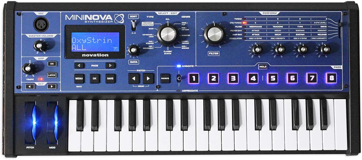 Novation MiniNova Analogue Modelling Compact 37 Mini-key Synth – Tough, compact, powerful mini-synth with pitch-correcting effect vocoder, 256 onboard sounds and five effects per voice layering Blue