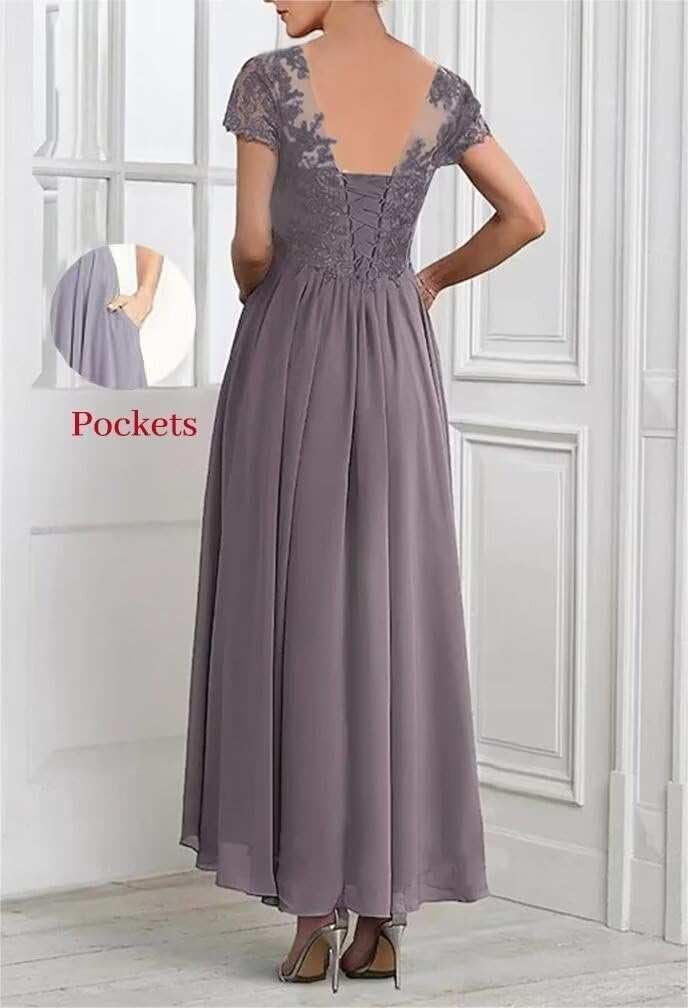 2 Piece Tea Length Mother of The Bride Dresses with Jacket A Line Formal Evening Gown with Pockets