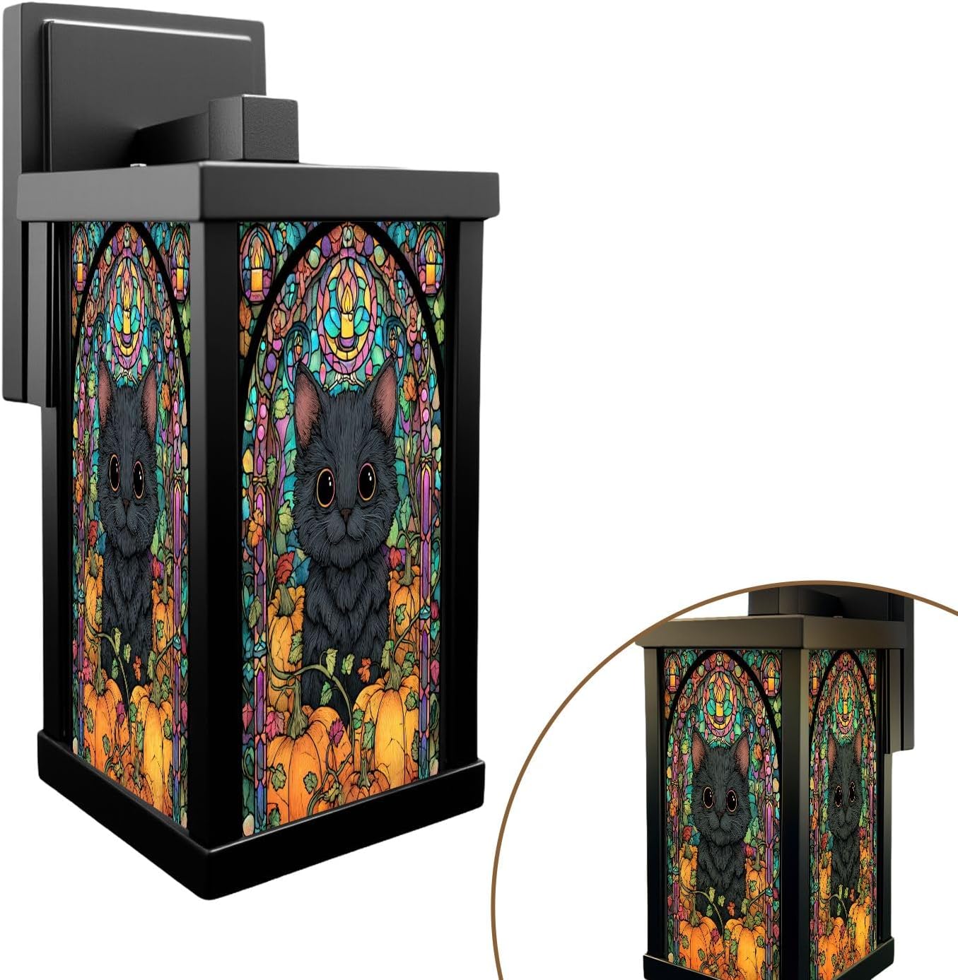 Outdoor Wall Lights Stained Glass Black Kitten Pumpkin Vines Candlelight Exterior Waterproof Wall Mount Sconce 13