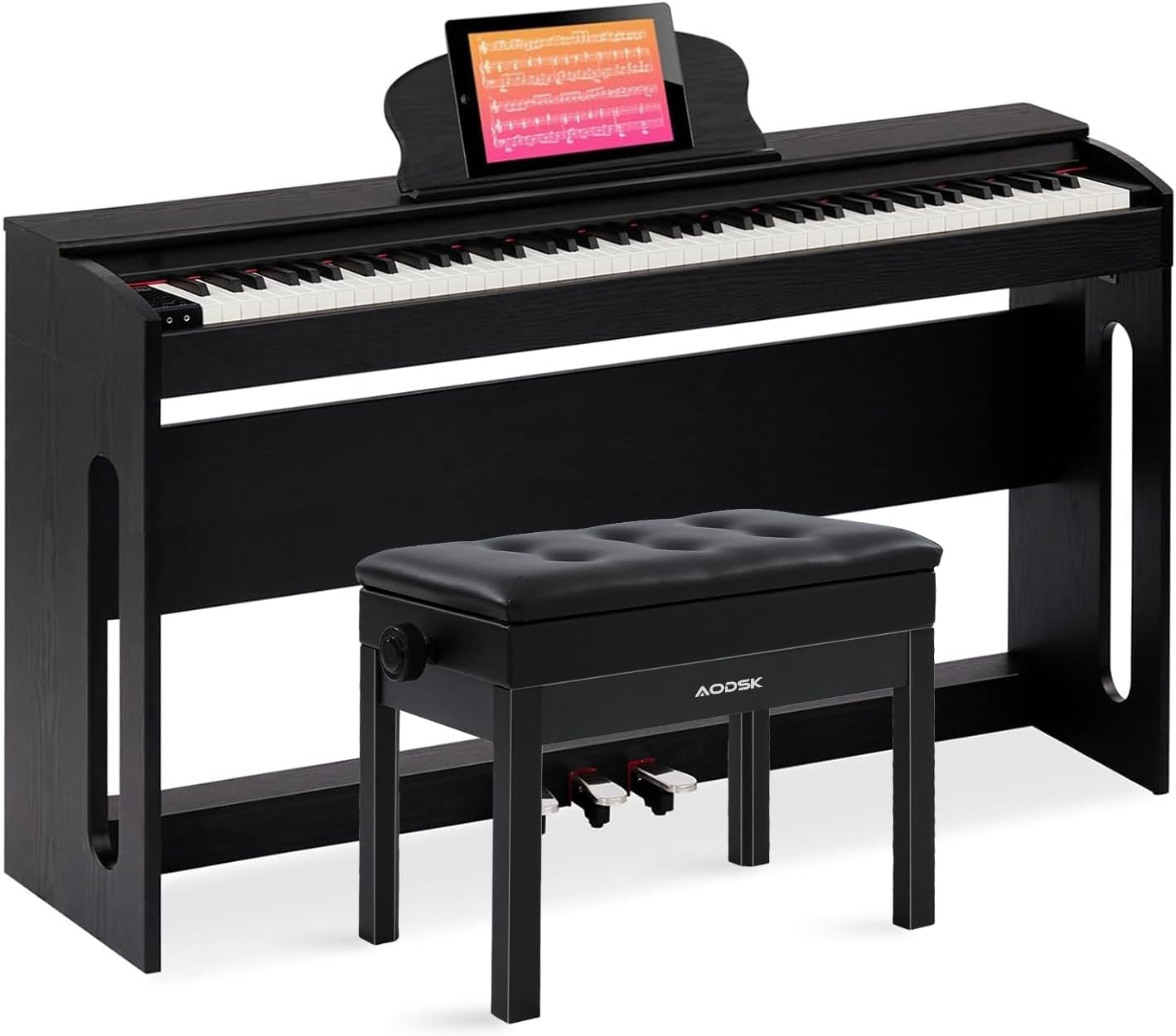 AODSK 88 Key Weighted Action Digital Piano with Furniture Stand and Triple Pedals PB-83S+AODSK Adjustable Wooden Piano Bench ALP-22