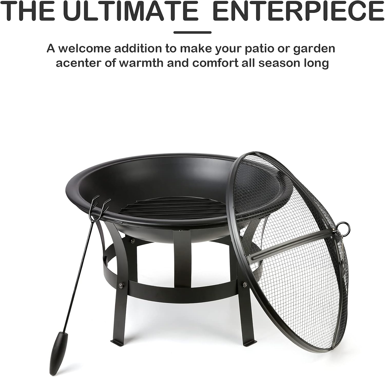 Generic 22InFire Pit Bowl Wood Burning with Protective Grille & Poker Multifunctional for Heating/BBQ Garden Patio Fire Pot,Portable BBQ Grill for Camping Beach Bonfire Picnic Garden, black