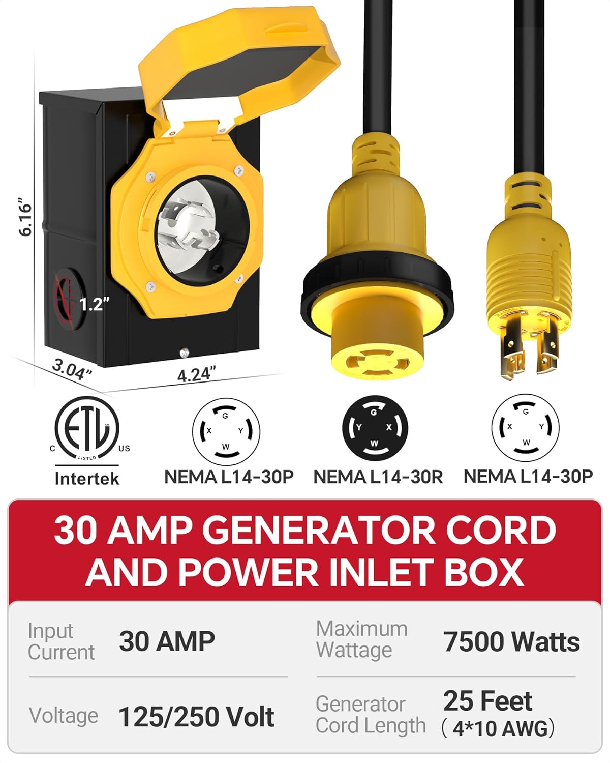 Marsflex 25FT 30 Amp Generator Cord and Power Inlet Box, Pre-Drilled Generator Inlet Box with NEMA L14-30P / L14-30R Generator Cord, for 125/250 Volt 7500 Watts, Weatherproof Outdoor Use, ETL Listed
