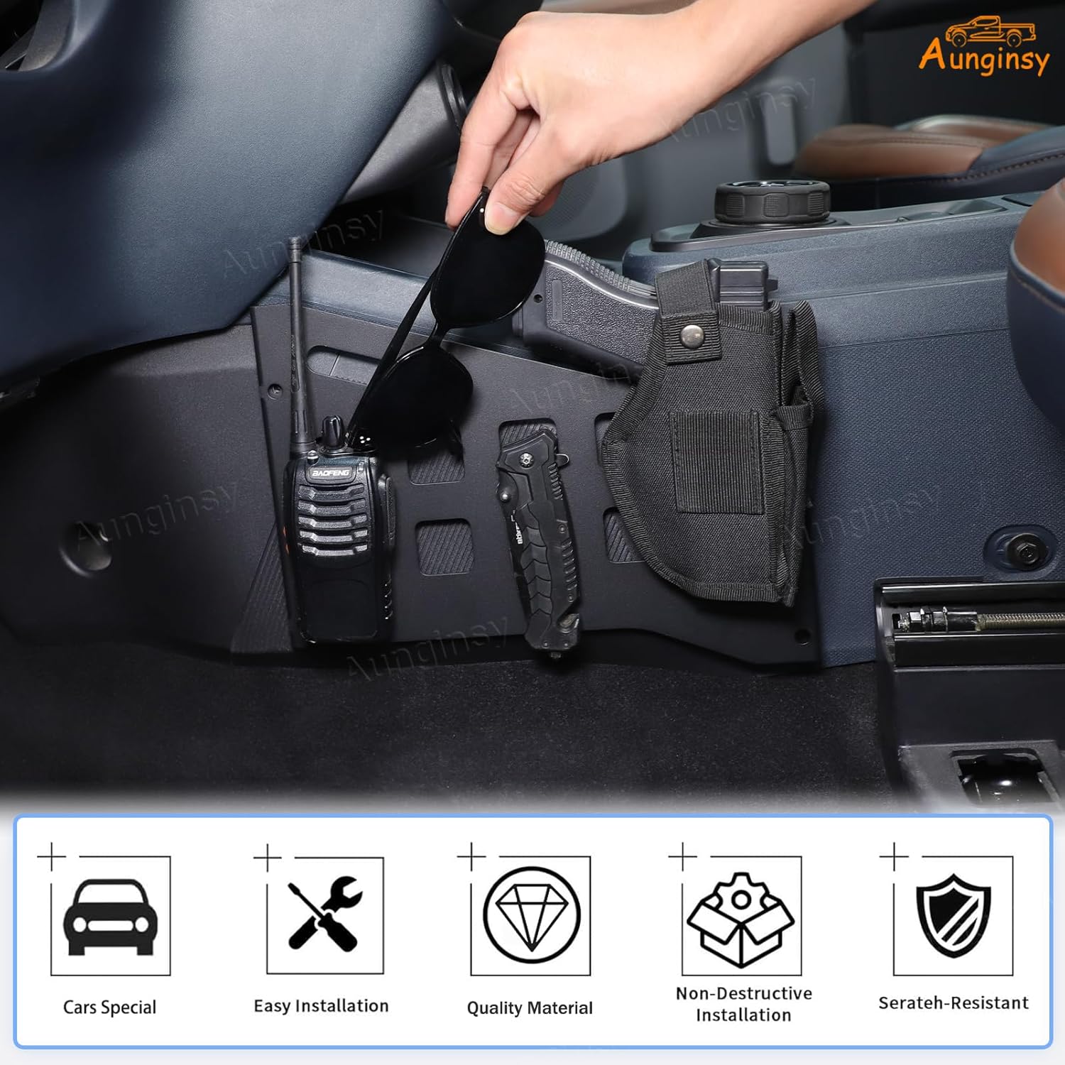 Aunginsy Center Console Side Gear Shift Panel Storage Baffl Compatible with Ford Maverick 2022-2025 Car Aluminum Central Control Organizer Modular Storage MOLLE Panel Box Holder Expansion Accessories