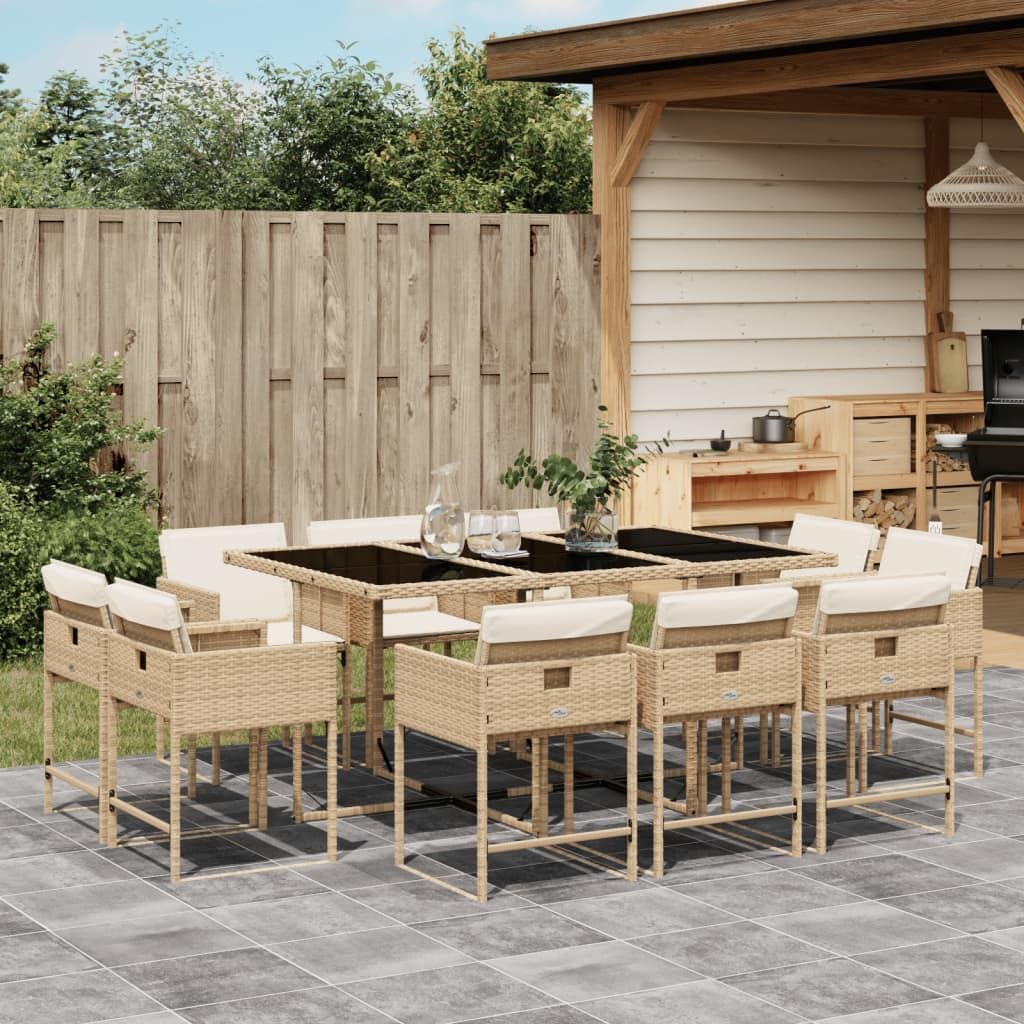 Furniture Sets 11 Piece Patio Dining Set with Cushions Beige Poly Rattan,AllWeather Rattan Dining Set with Tempered Glass Tabletop and Comfortable Cushions for Outdoor Entertaining Garden Conversation