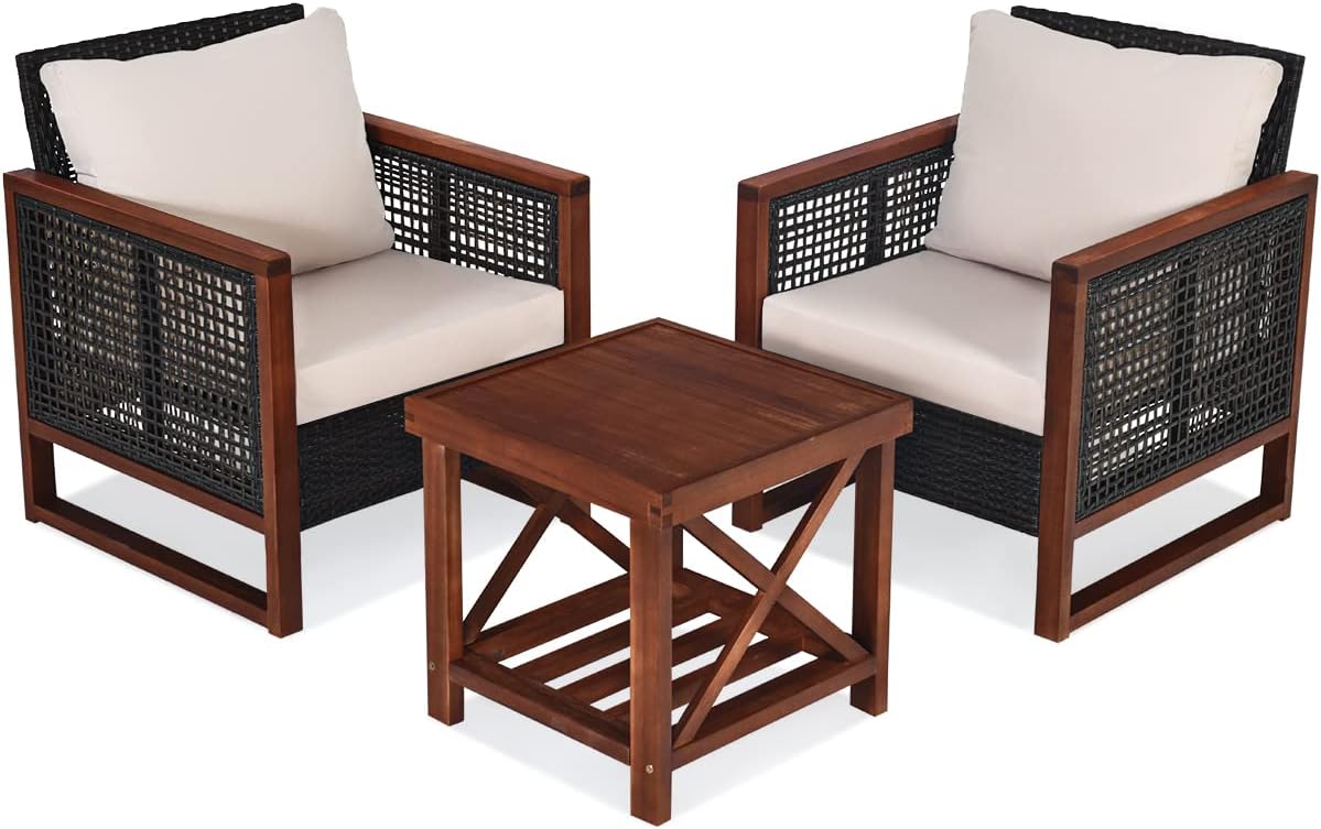 HAPPYGRILL 3 Pieces Outdoor Patio Furniture Set Wicker Chairs with Coffee Table, Balcony Porch Furniture Bistro Set with Wood Frame and Washable Cushions for Garden Poolside Backyard