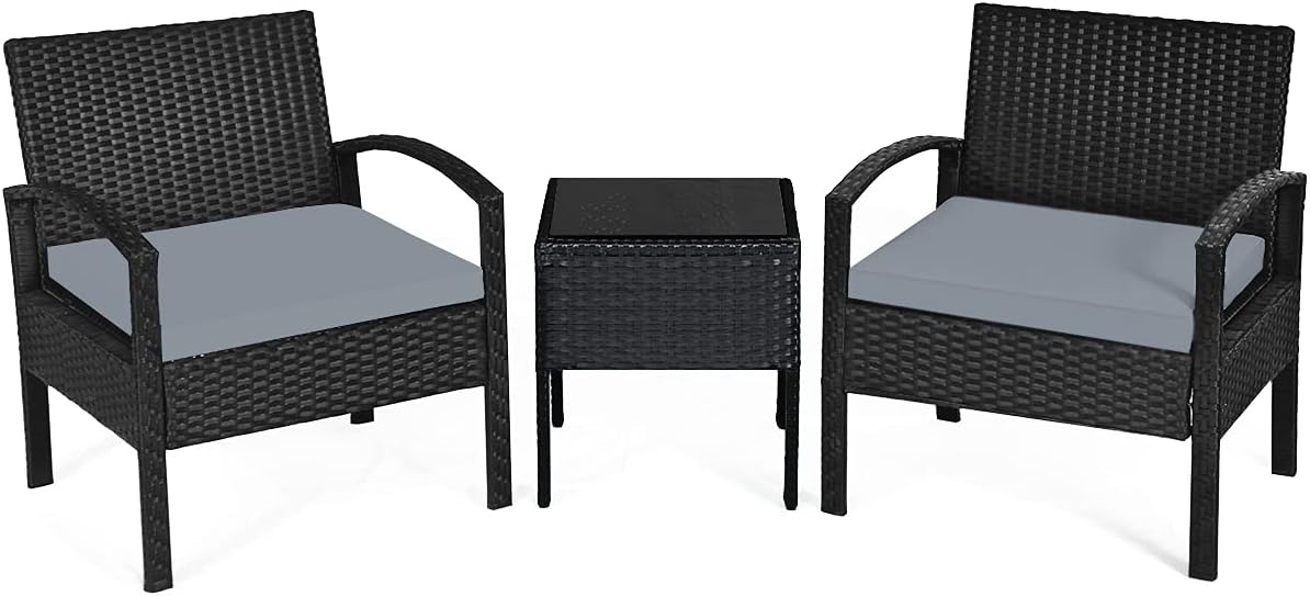 COSTWAY 3 Pieces Patio Furniture Set, Outdoor Rattan Conversation Set with 2 Chairs & Coffee Table, Modern Wicker Patio Bistro Set for Indoor, Porch, Garden, Balcony, Backyard, Poolside, Grey